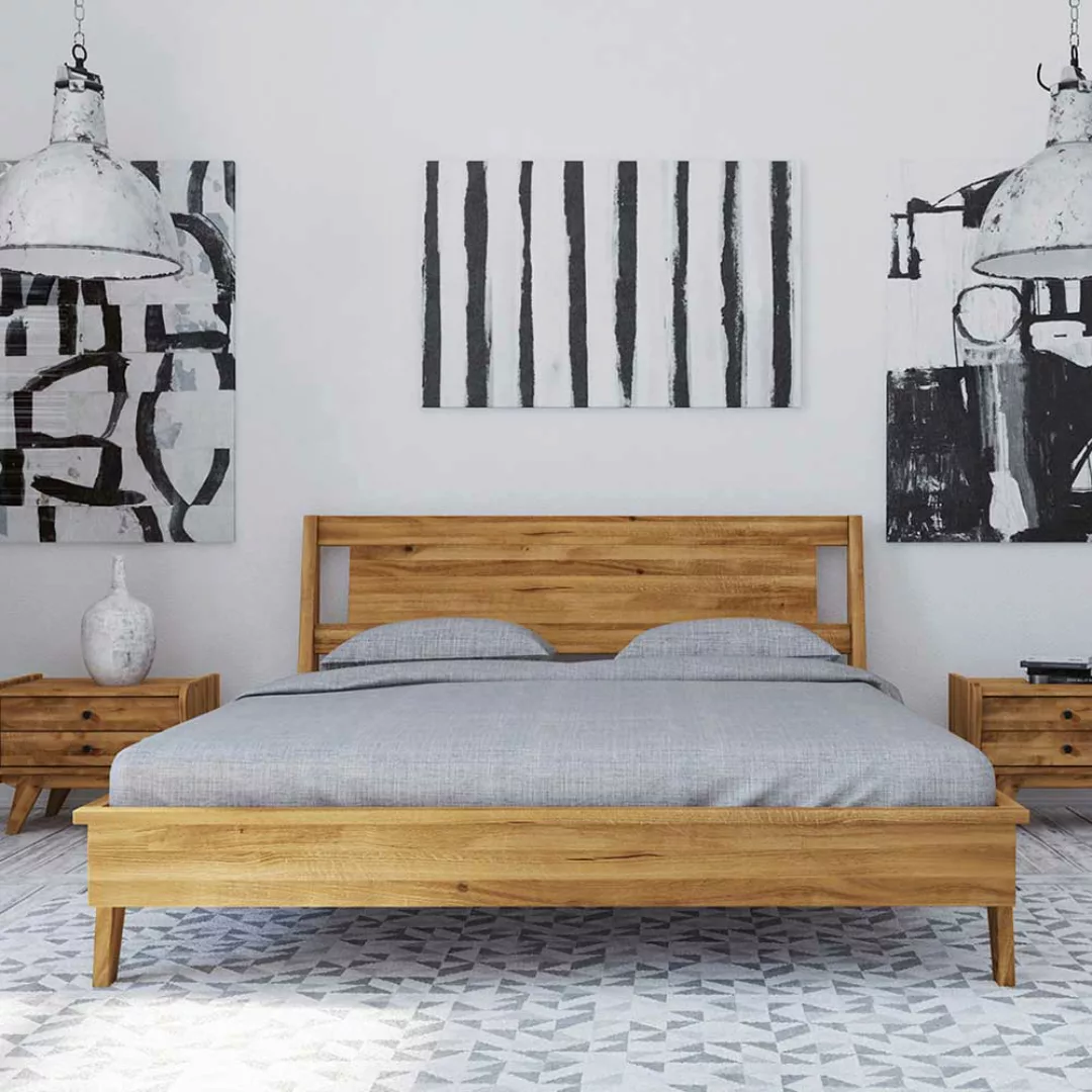 Niedriges Bett aus Wildeiche Massivholz Retro Design günstig online kaufen