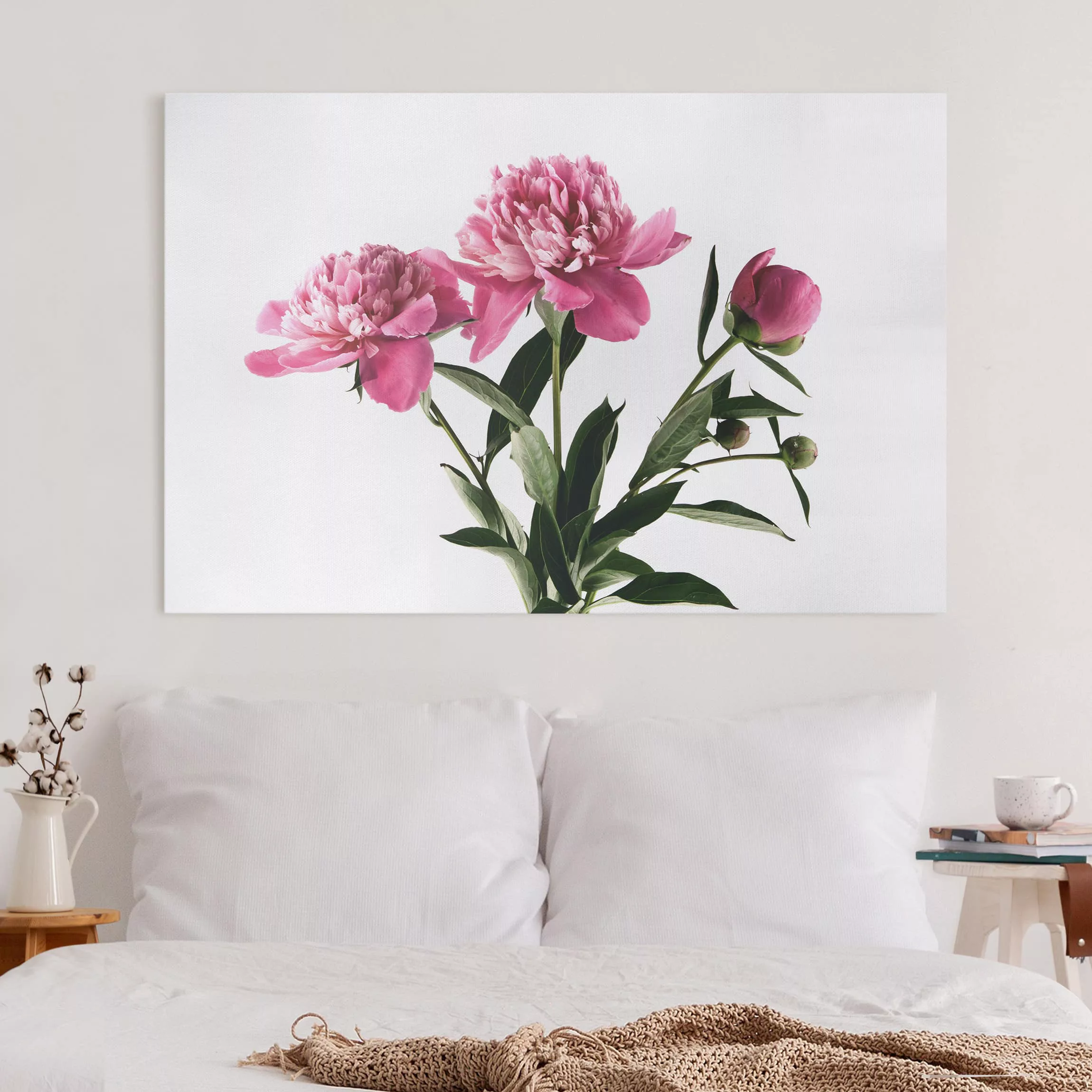 Leinwandbild Blumen - Querformat Blüten und Knospen Pink auf Weiß günstig online kaufen