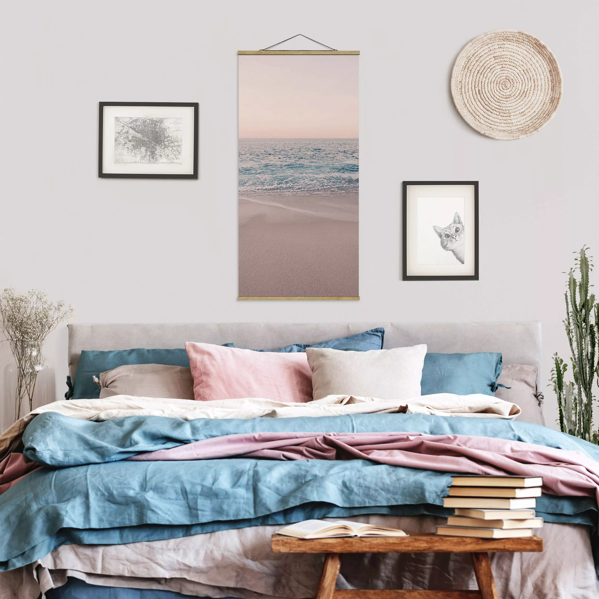 Stoffbild mit Posterleisten Roségoldener Strand am Morgen günstig online kaufen