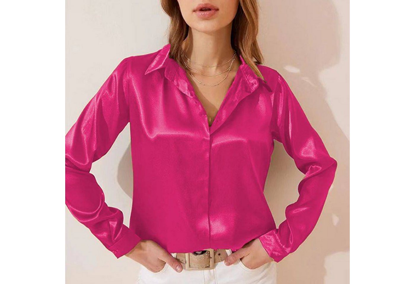 MC Star Langarmshirt Damen Satin Bluse Causal Satinblusen Lässige (Elegante günstig online kaufen