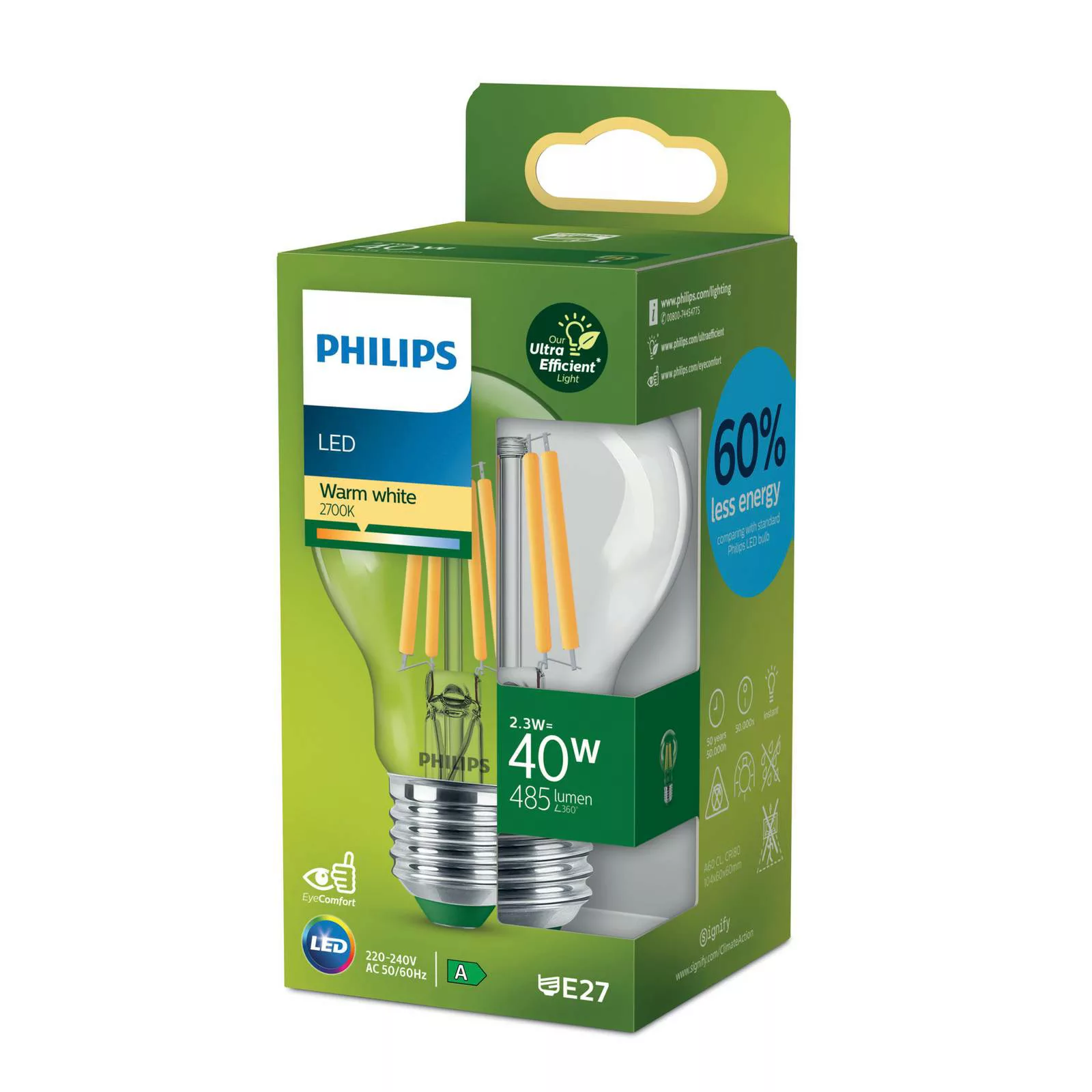 Philips LED Lampe E27 - Birne A60 2,3W 485lm 2700K ersetzt 40W Einerpack günstig online kaufen