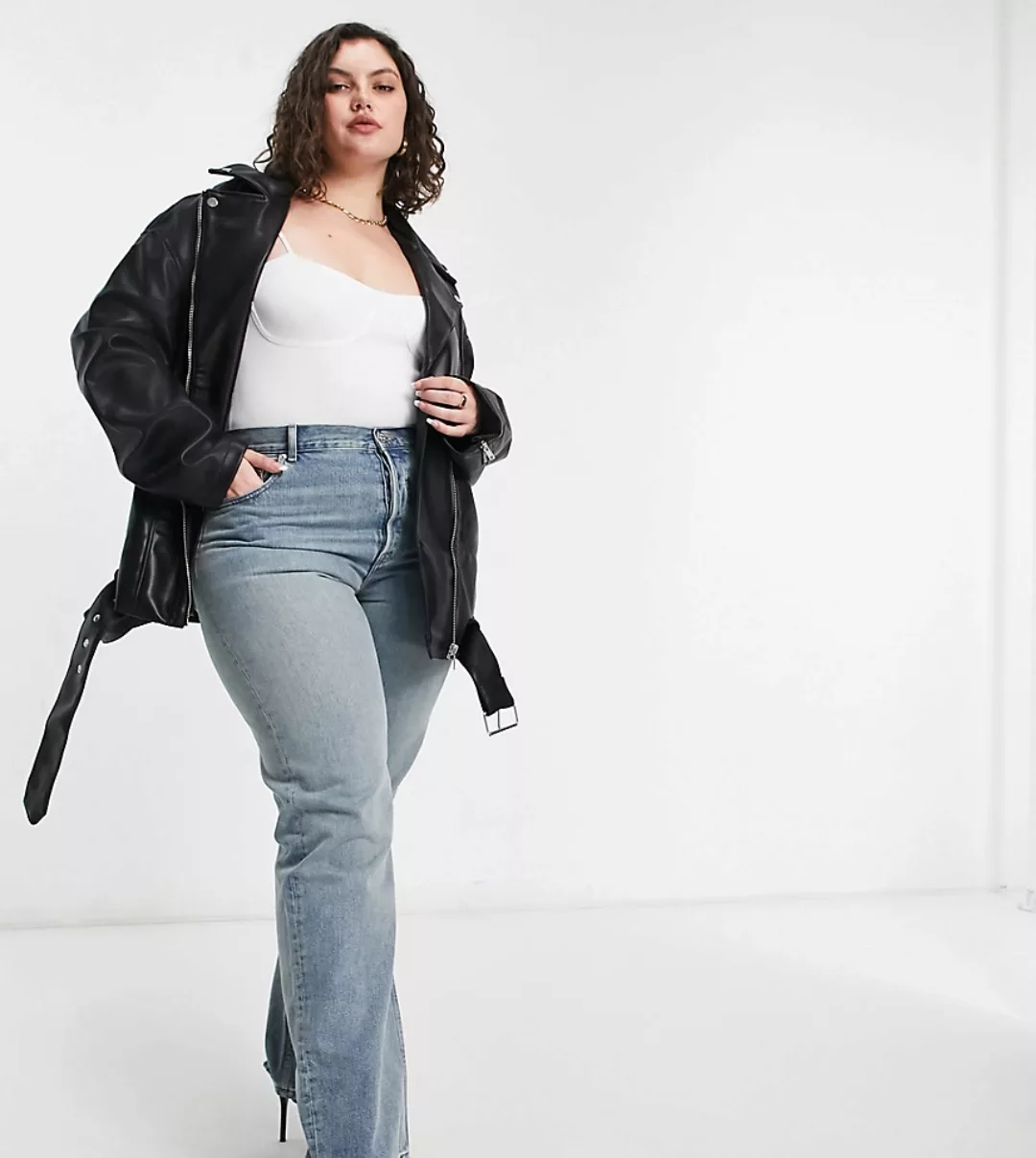 ASOS DESIGN Curve – Longline-Oversize-Bikerjacke aus Kunstleder in Schwarz günstig online kaufen