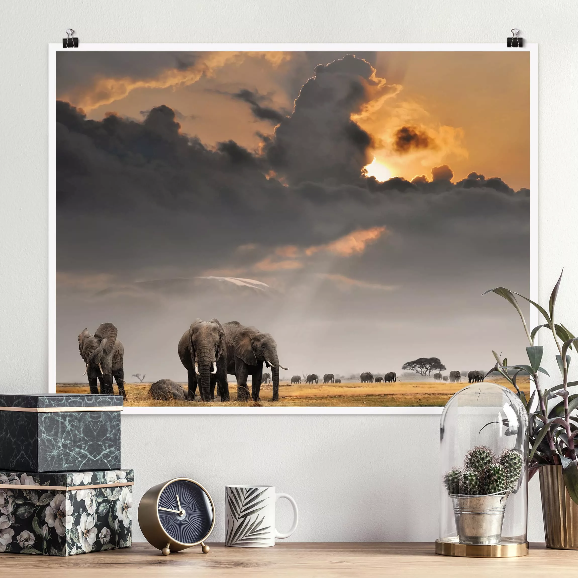 Poster Tiere - Querformat Elefanten der Savanne günstig online kaufen