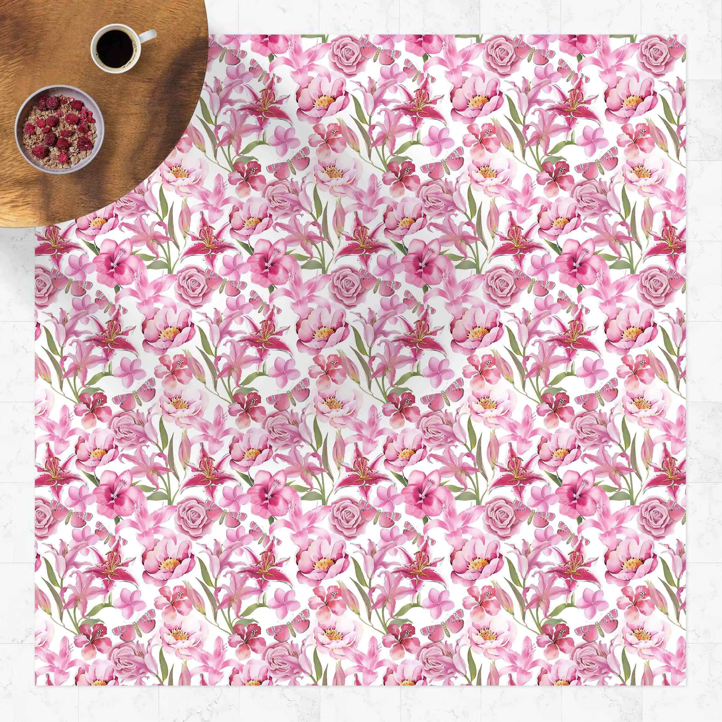 Vinyl-Teppich Pinke Blumen mit Schmetterlingen günstig online kaufen