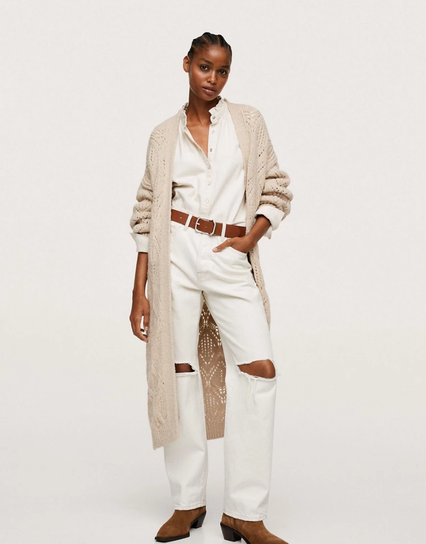 Mango – Lang geschnittene Strickjacke in Beige-Neutral günstig online kaufen