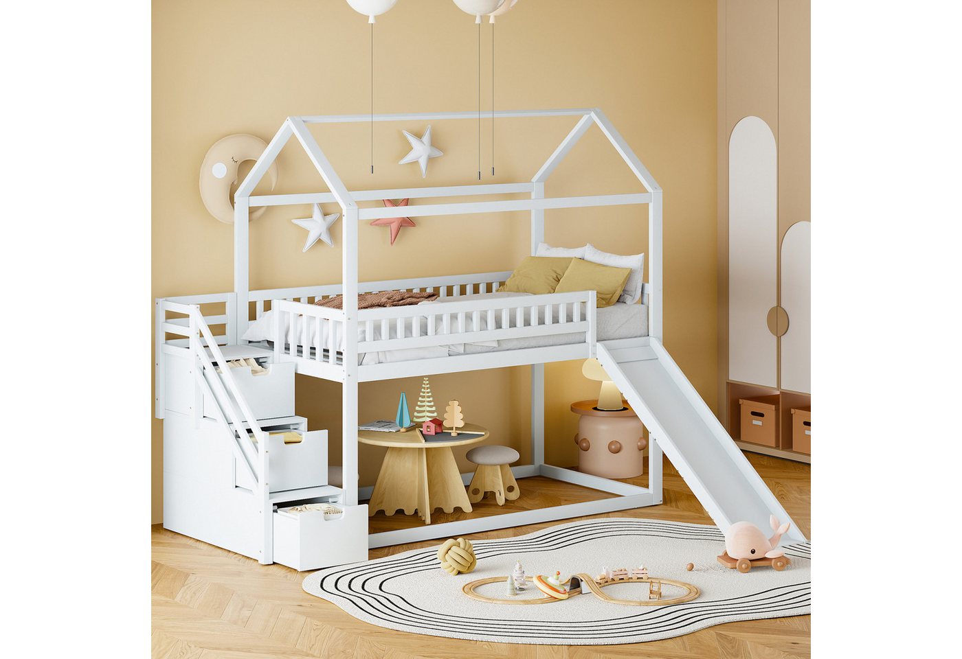 FUROKOY Hochbett Kinderetagenbett 90*200 cm mit Rutsche&Stauraumleiter&Brüs günstig online kaufen