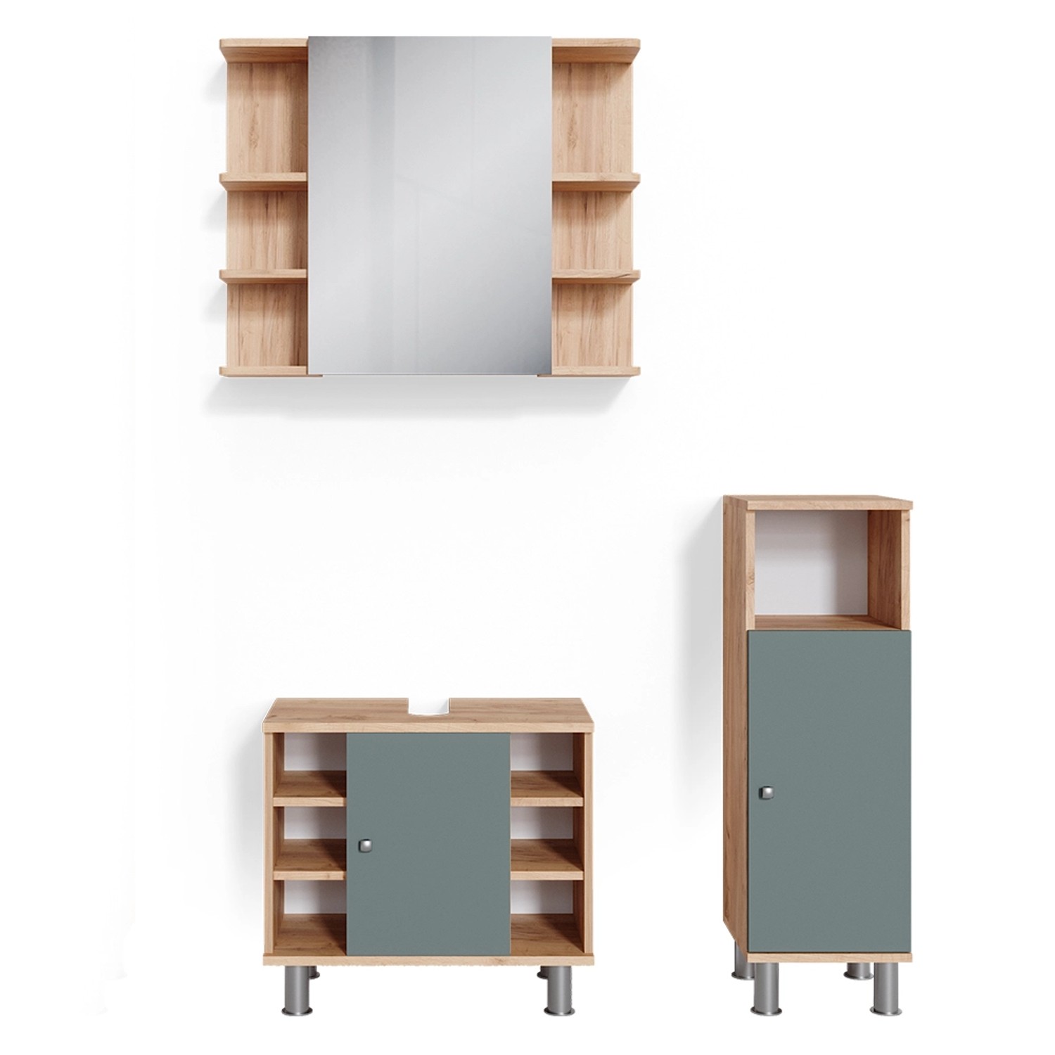 Vicco Badmöbel-Set Fynn Grün/Goldkraft Eiche 3 Teile mit Midischrank günstig online kaufen