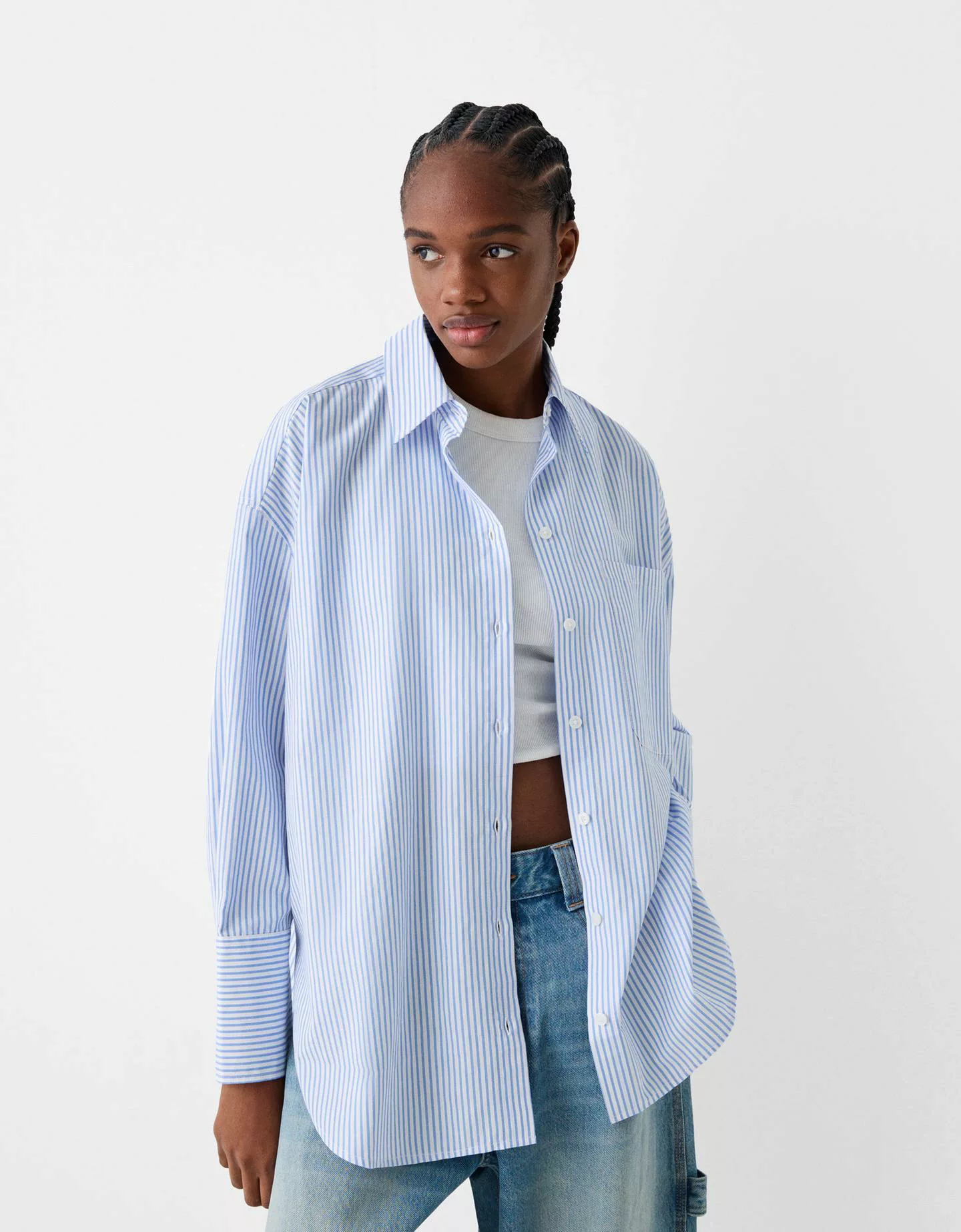 Bershka Oversize-Hemd Mit Langen Ärmeln Und Streifen Damen Xl Hellblau günstig online kaufen