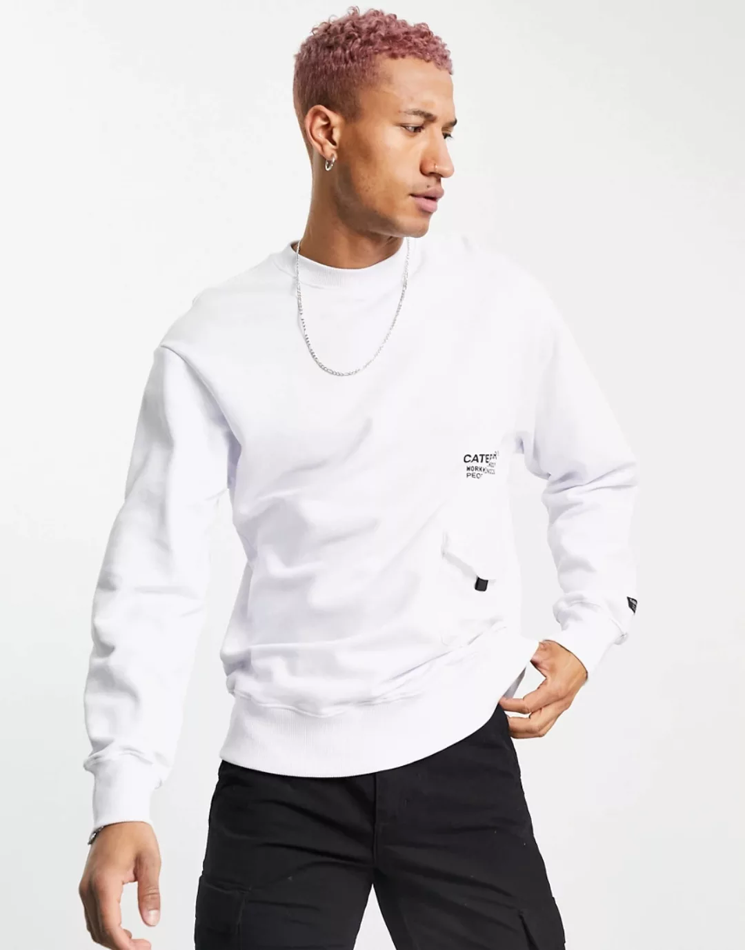 Caterpillar – Sweatshirt mit Logo und Pattentasche in Weiß günstig online kaufen