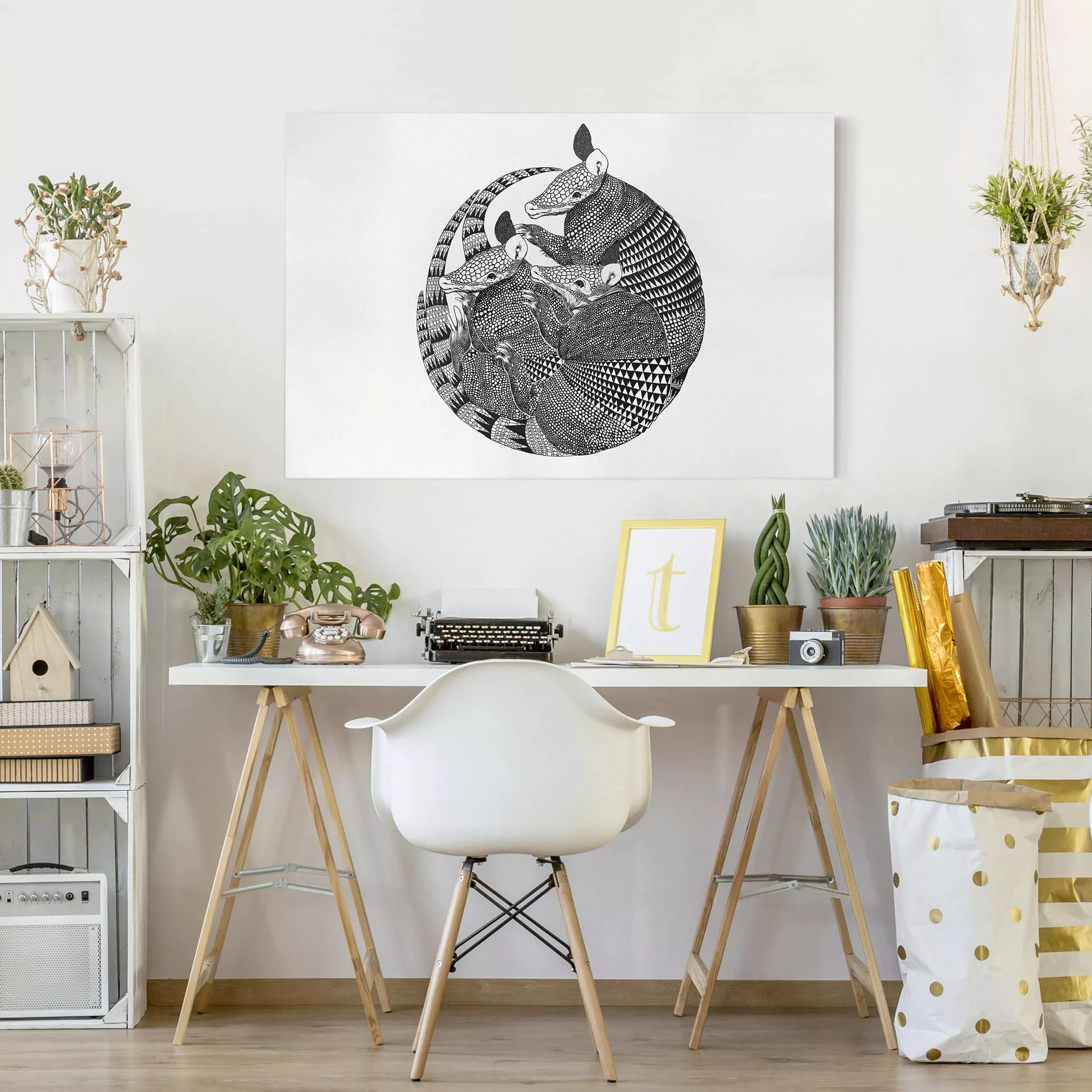 Leinwandbild Tiere - Querformat Illustration Gürteltiere Schwarz Weiß Muste günstig online kaufen