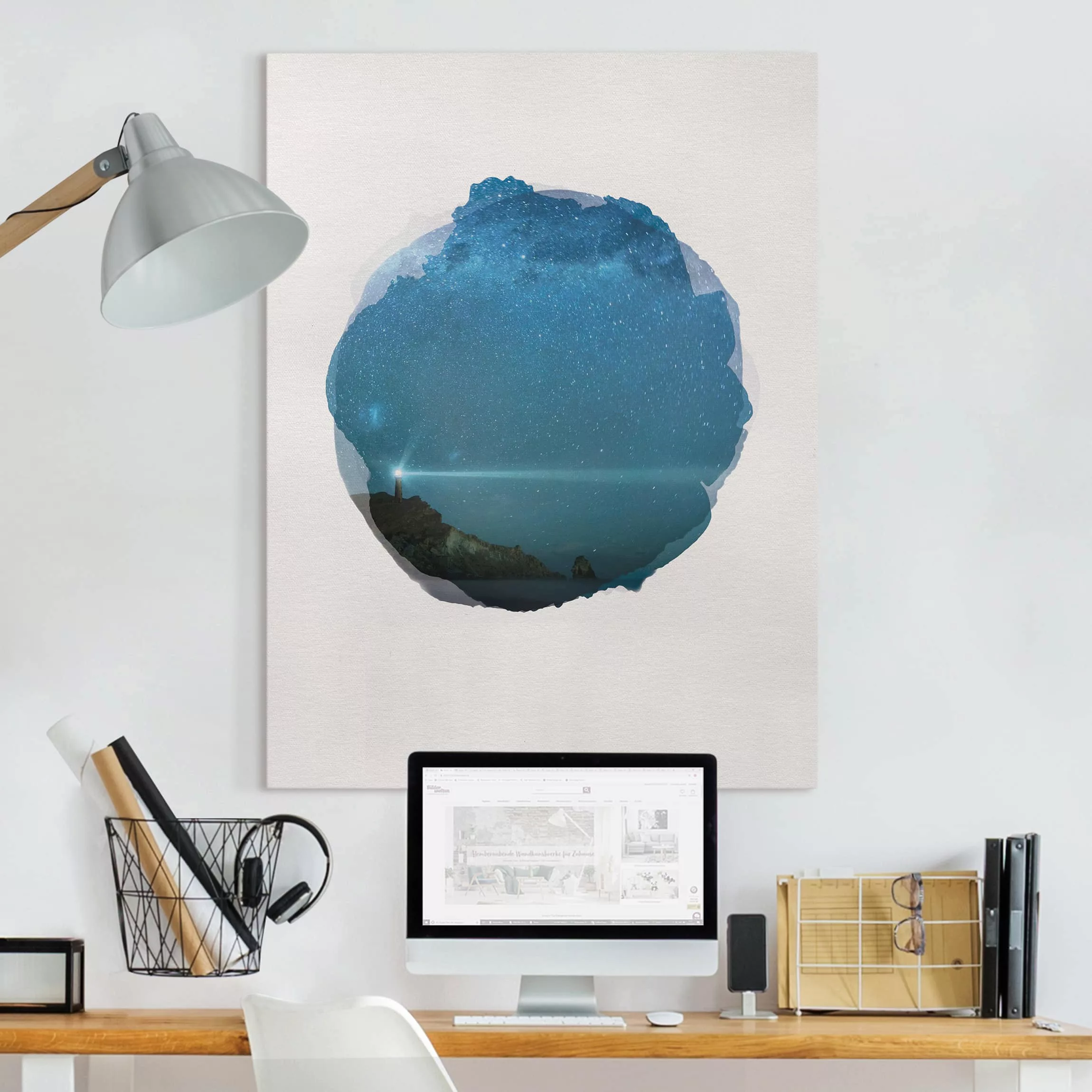 Leinwandbild Strand - Hochformat Wasserfarben - Leuchtturm günstig online kaufen