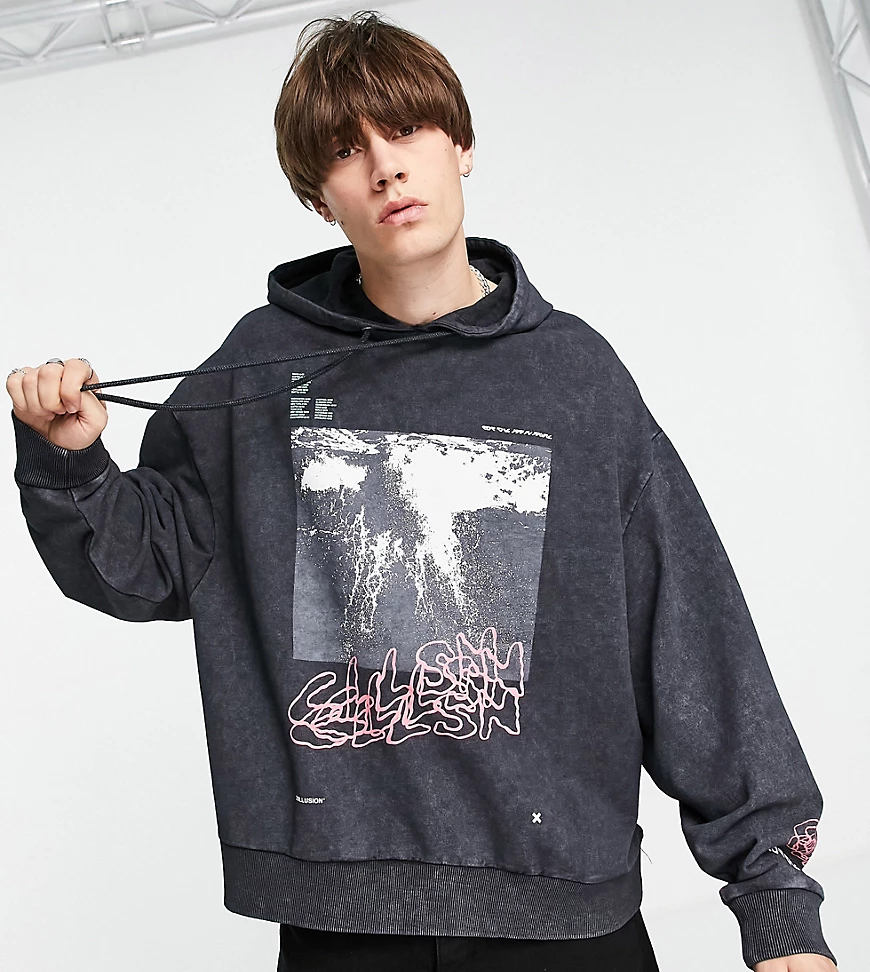 COLLUSION – Oversize-Kapuzenpullover mit Print und Acid-Waschung in Schwarz günstig online kaufen