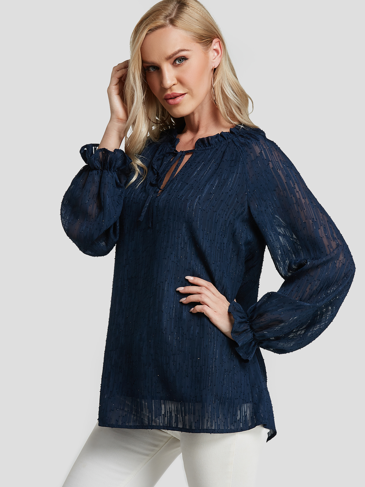 Navy Tie-up Design Reine Farbe Langarm Bluse günstig online kaufen