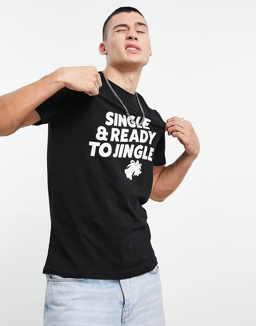 Jack & Jones Originals – Weihnachts-T-Shirt in Schwarz mit „Single & ready günstig online kaufen
