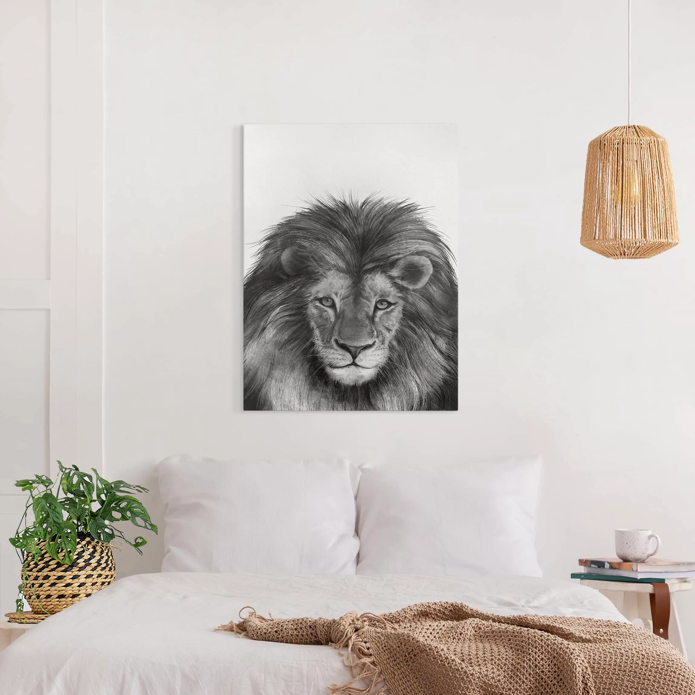 Leinwandbild Tiere - Hochformat Illustration Löwe Schwarz Weiß Malerei günstig online kaufen