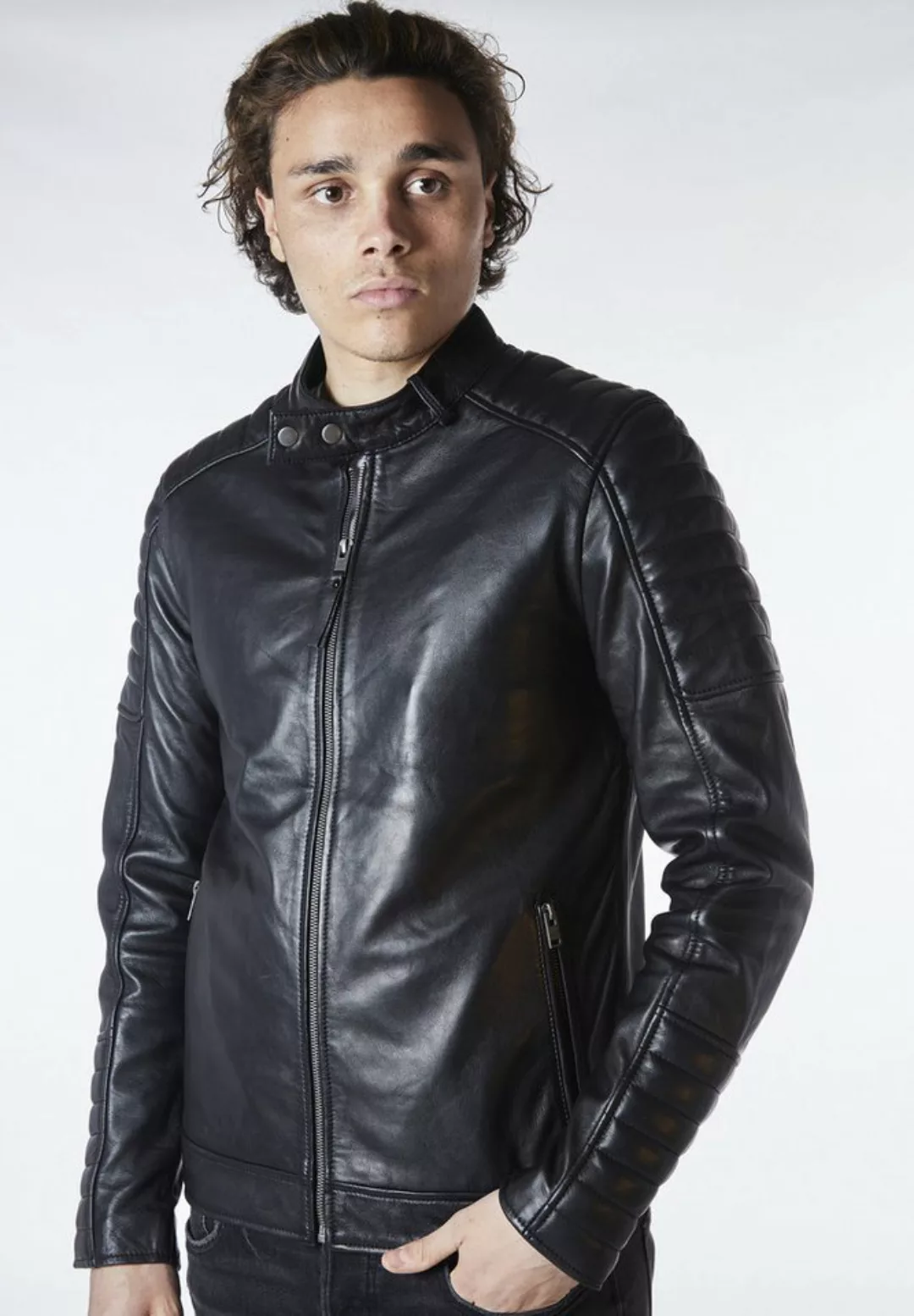 Bolongaro Trevor Lederjacke Quilted Racer Racer-Kragen mit Druckknopfversch günstig online kaufen