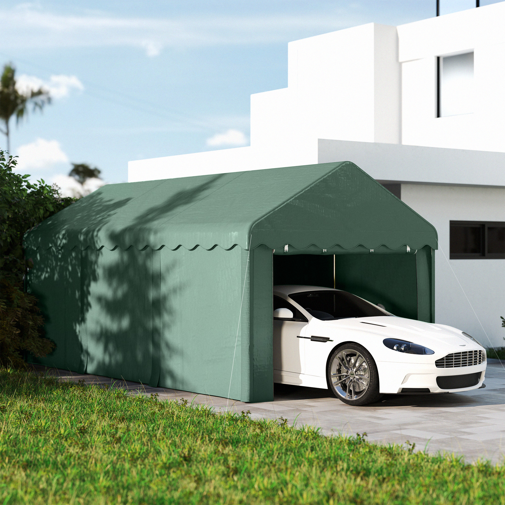 Outsunny Carport 3x6 m Zeltgarage mit Rolltüren, Dach, abnehmbaren Seitenwä günstig online kaufen