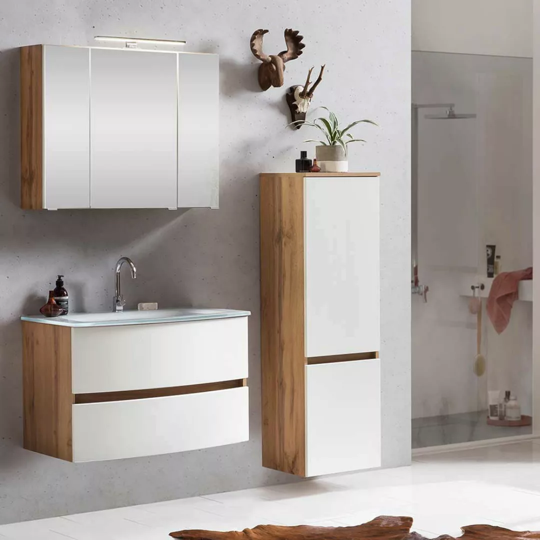 Design Badezimmer Set in Weiß und Wildeiche Optik LED Beleuchtung (dreiteil günstig online kaufen