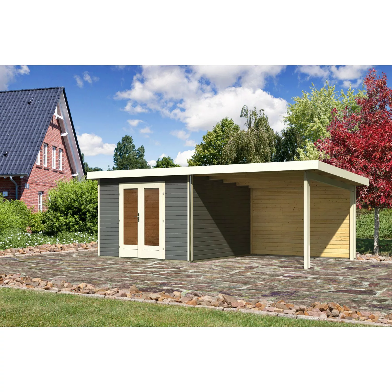 Karibu Holz-Gartenhaus/Gerätehaus Norrköping Terragrau Pultdach Lackiert 30 günstig online kaufen