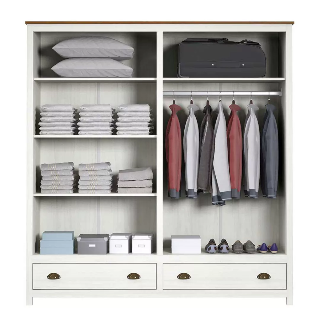 Kleiderschrank Kiefer Weiß Landhaus Stil mit zwei Schubladen 176 cm breit günstig online kaufen