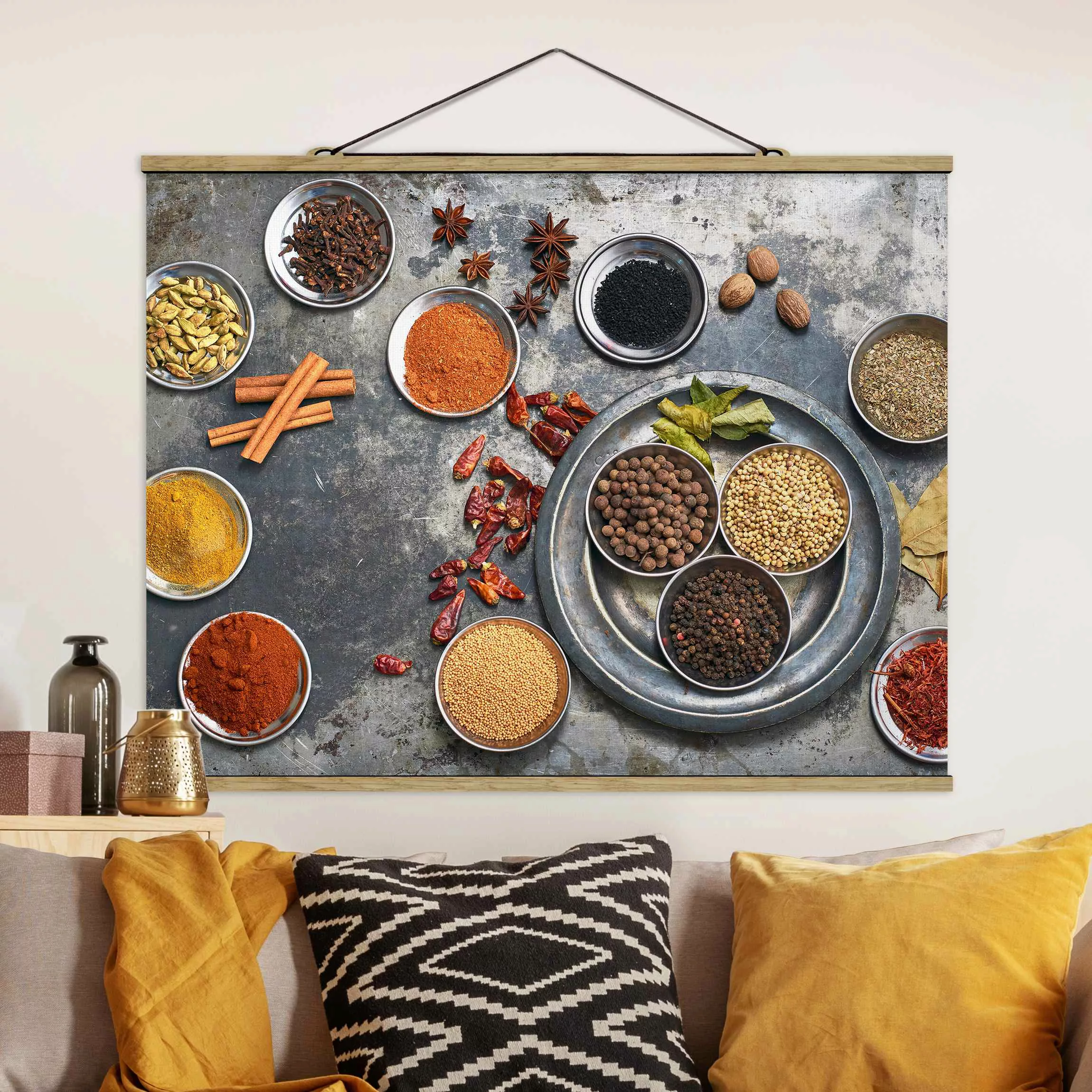 Stoffbild Küche mit Posterleisten - Querformat Shabby Gewürzplatte günstig online kaufen