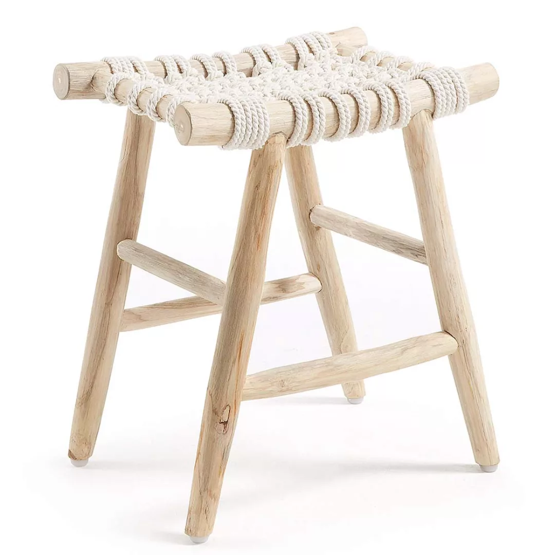 Rustikaler Sitzhocker aus Teak Massivholz Baumwollkordel günstig online kaufen