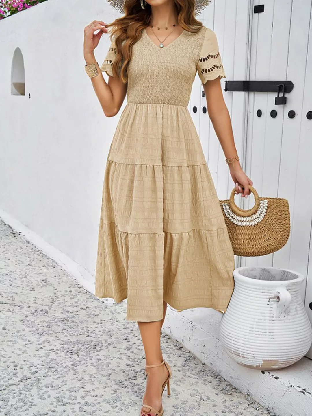 RUZU UG Dirndl Kurzärmliges Kleid mit V-Ausschnitt für Frühling und Sommer günstig online kaufen