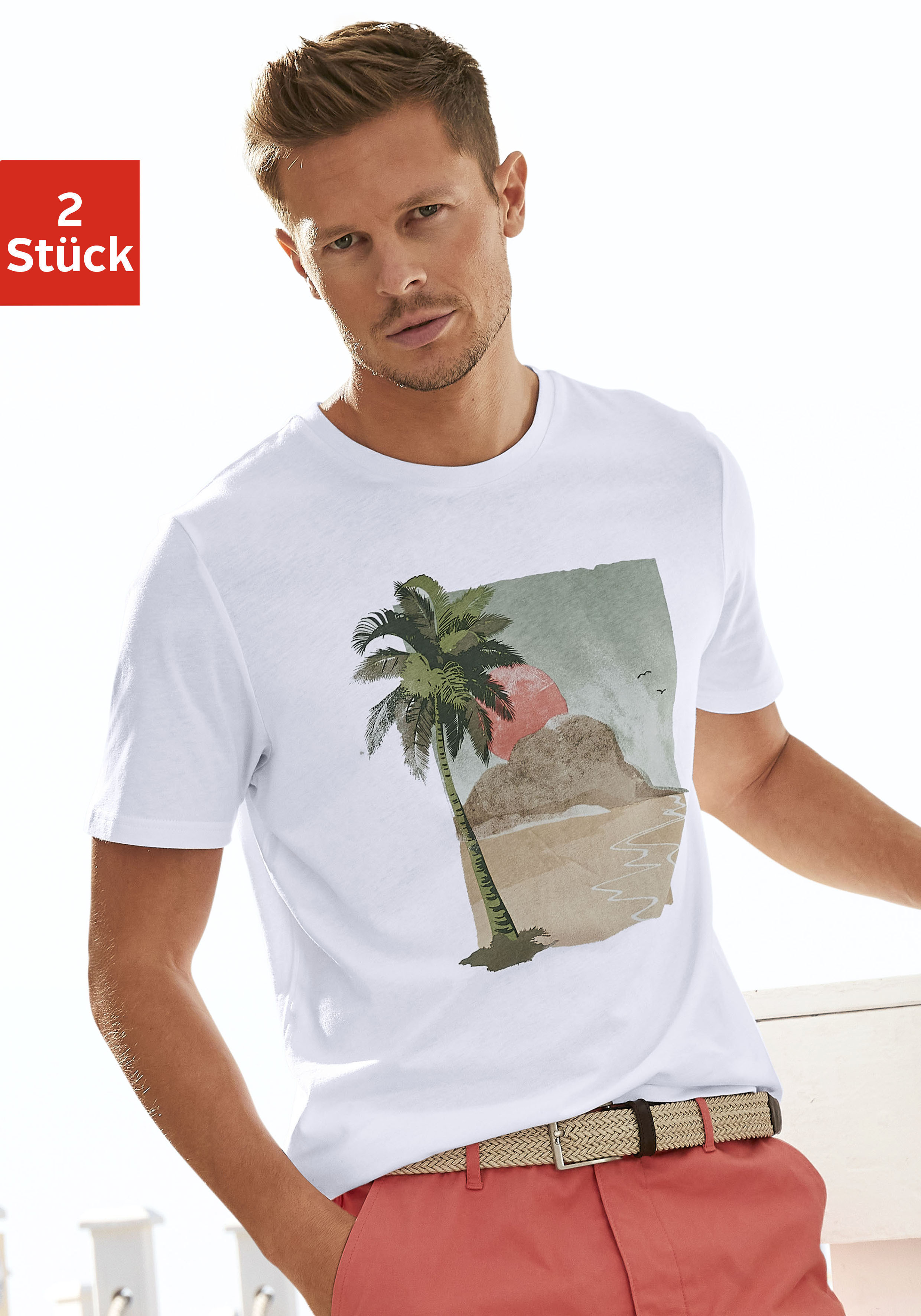 Beachtime T-Shirt (Packung, 2-tlg) mit Frontdruck und unifarben - mit Rundh günstig online kaufen