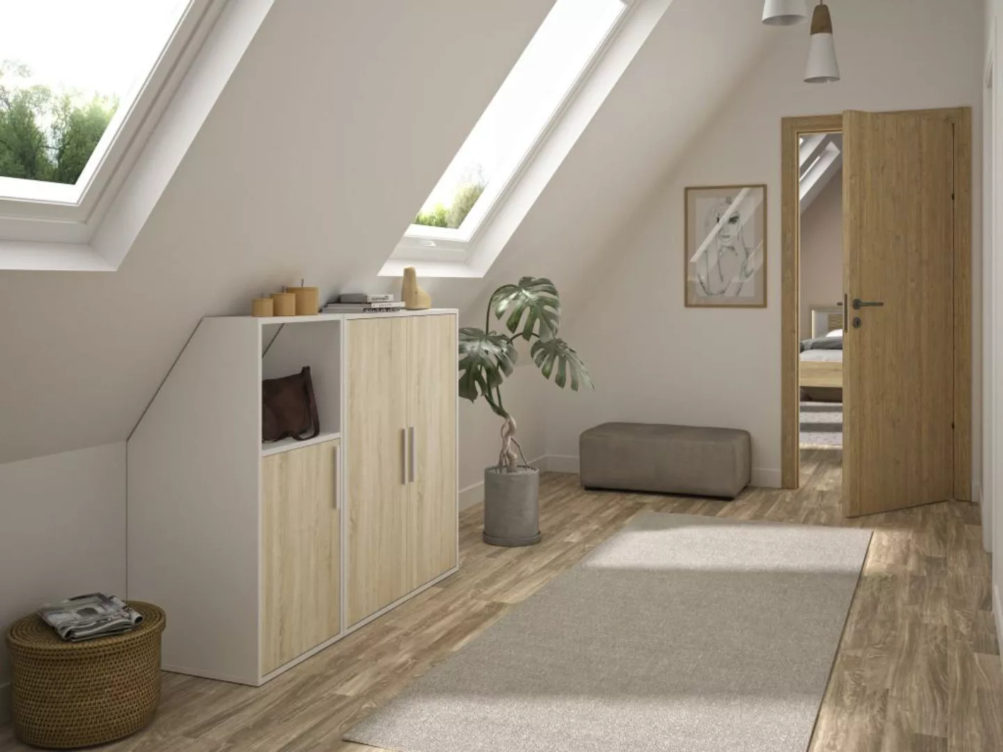 Schrank unter Dachschräge mit 3 Türen & 1 Ablage - Weiß & Holzfarben - ADEZ günstig online kaufen