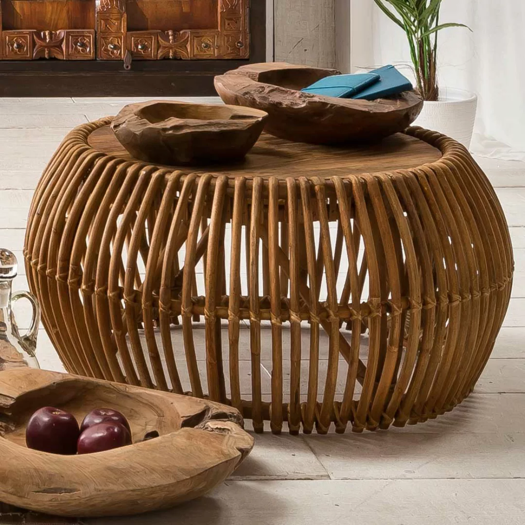 Runder Couchtisch aus Rattan Teak Massivholz günstig online kaufen