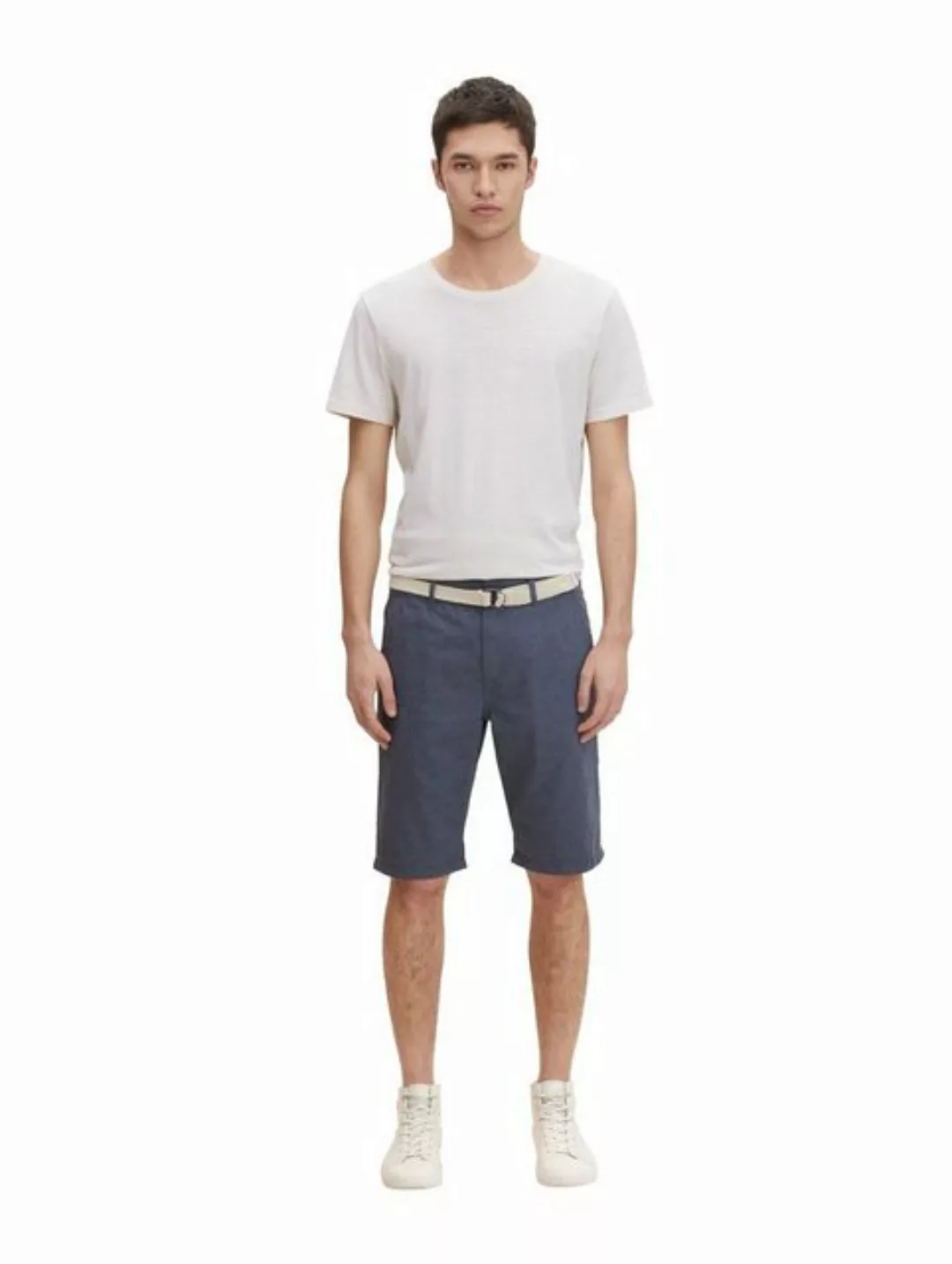 Tom Tailor Denim Herren Slim Chino Short YARN DYED MIT GÜRTEL - Blau Beige günstig online kaufen