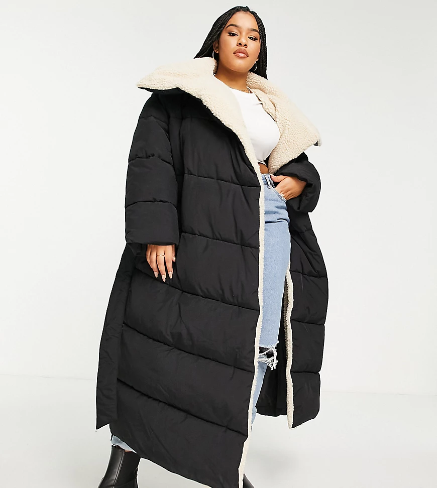 ASOS Design Curve – Maxi-Pufferjacke in Schwarz mit Kunstpelzkragen und Gür günstig online kaufen