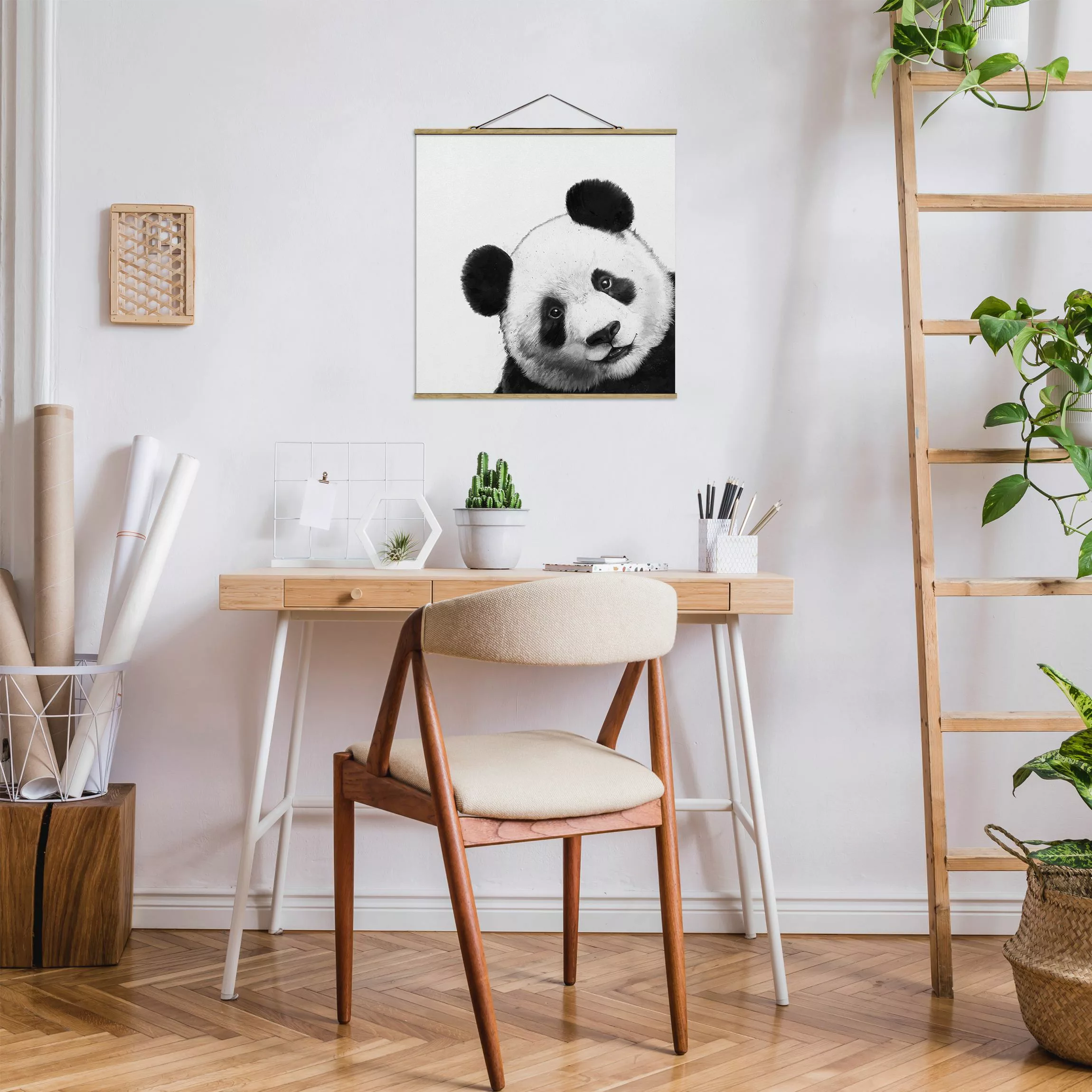 Stoffbild Tiere mit Posterleisten - Quadrat Illustration Panda Schwarz Weiß günstig online kaufen