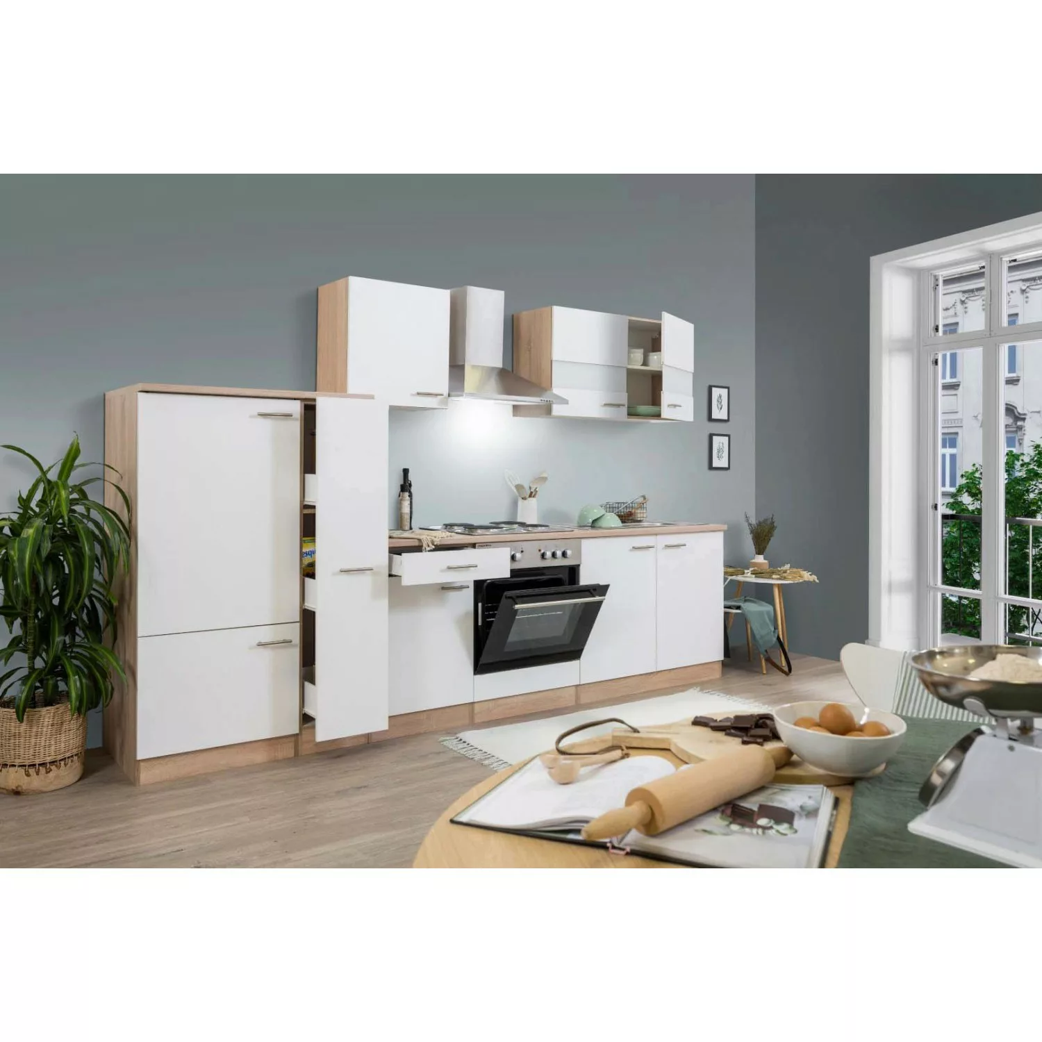 Respekta Küchenzeile ohne E-Geräte 300 cm Weiß-Eiche Sägerau günstig online kaufen
