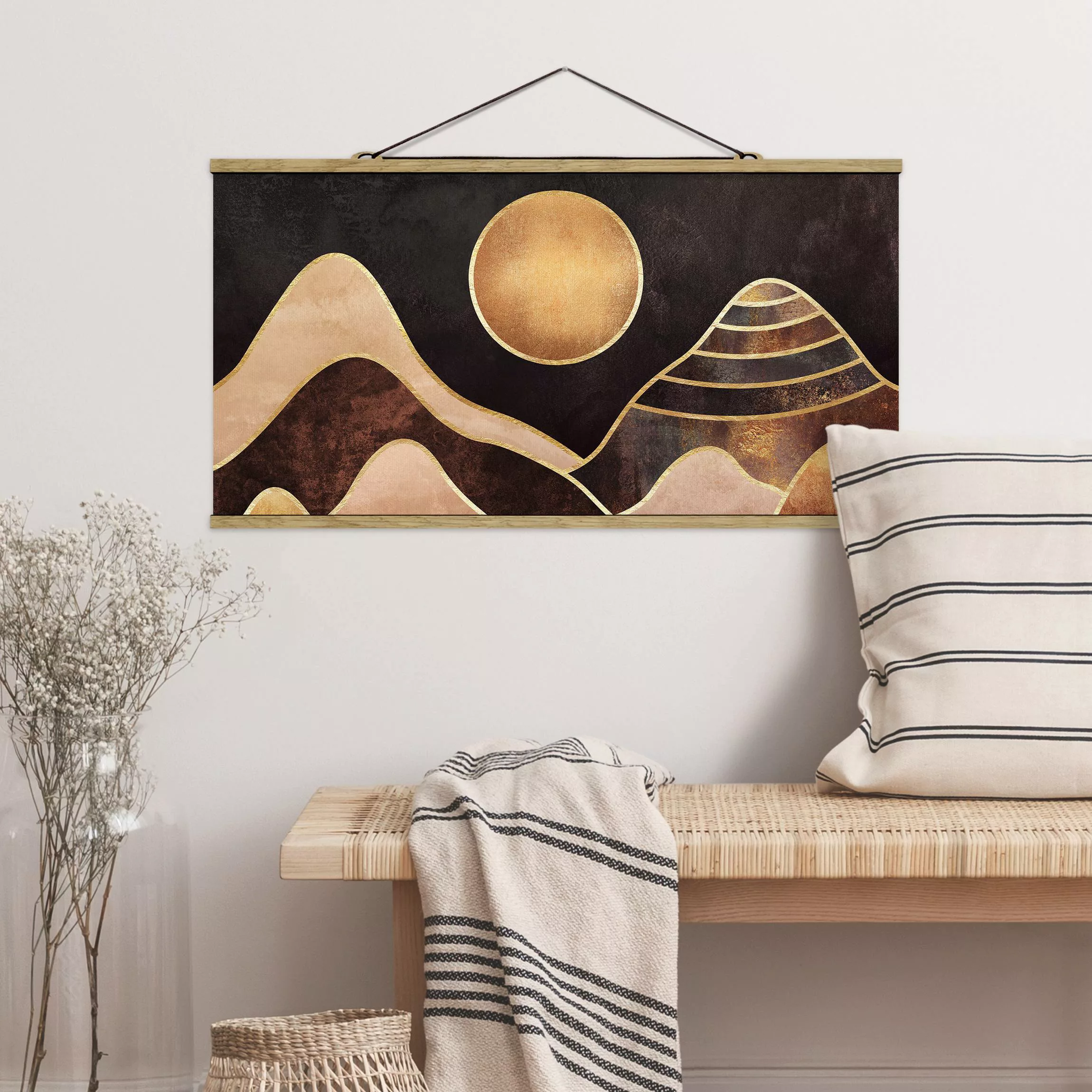 Stoffbild Abstrakt mit Posterleisten - Querformat Goldene Sonne abstrakte B günstig online kaufen
