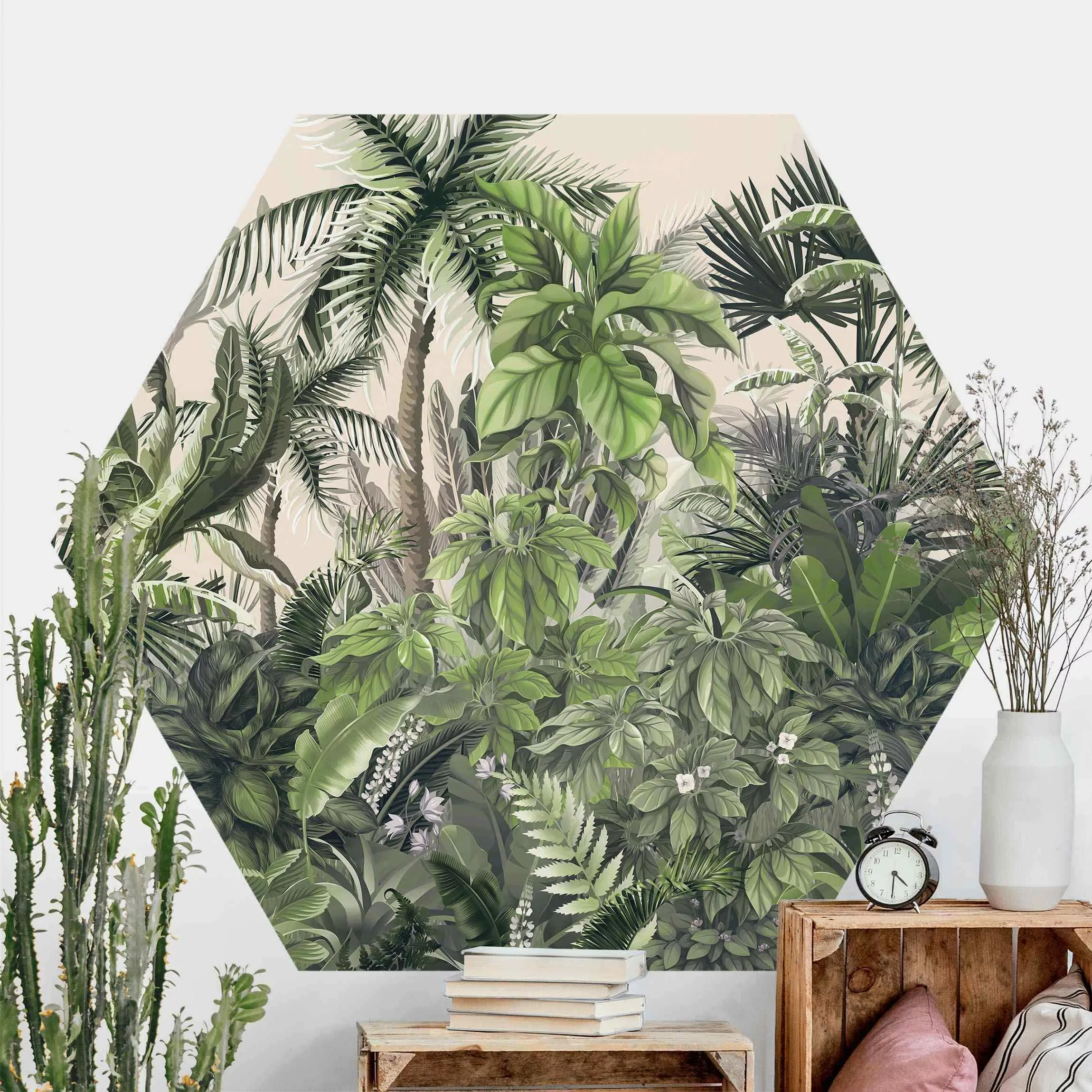 Hexagon Mustertapete selbstklebend Dschungelpflanzen in Grün günstig online kaufen
