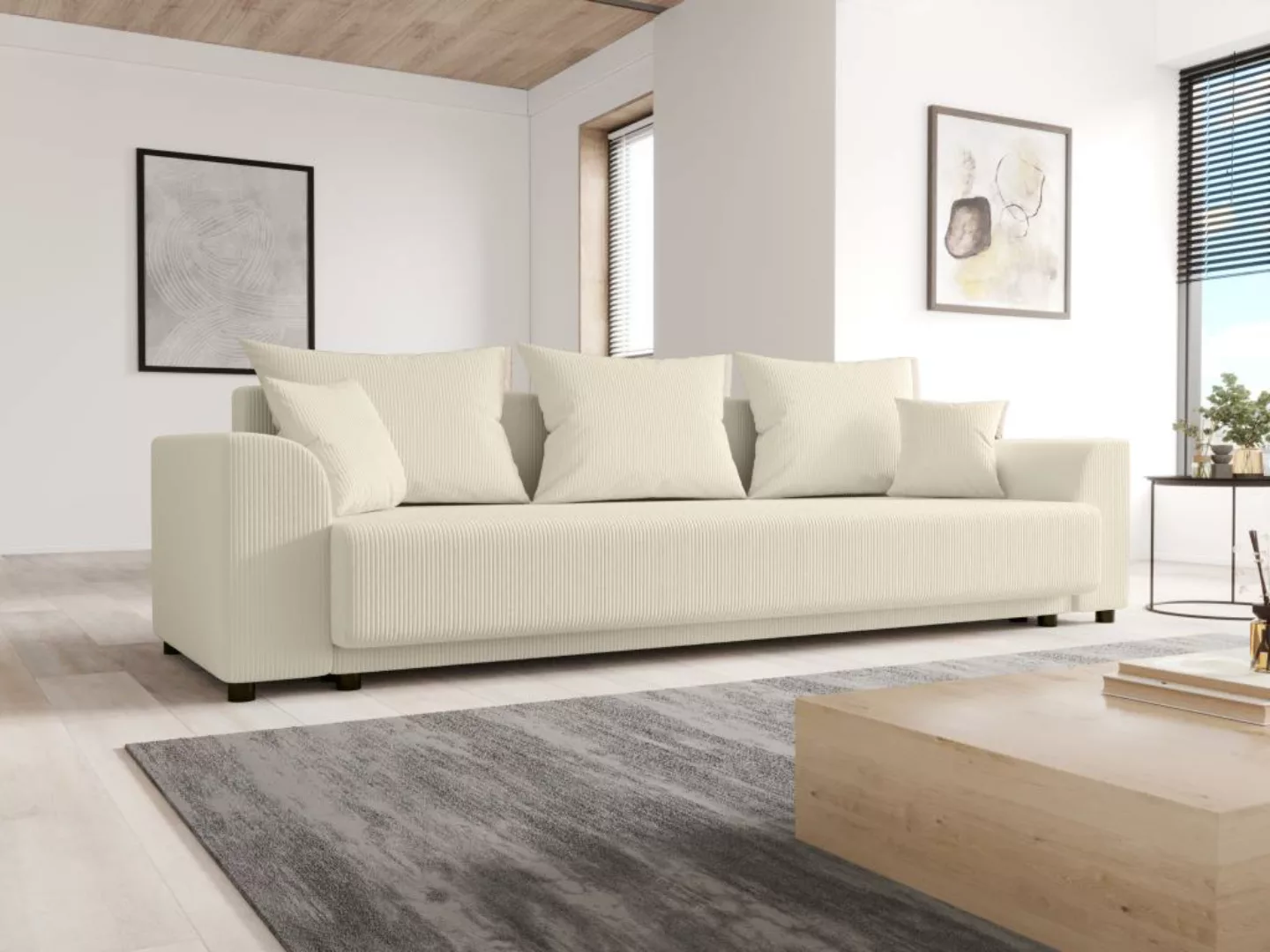 Sofa mit Schlaffunktion 3-Sitzer - Cord - Beige - NESSARO günstig online kaufen