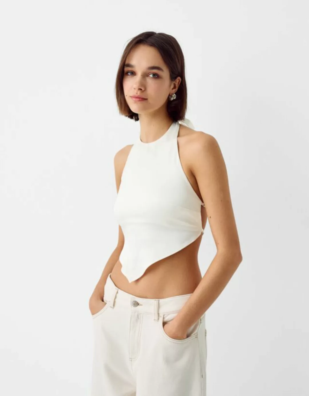 Bershka Top Aus Satin Mit Schnürung Am Rücken Damen L Grbrochenes Weiss günstig online kaufen