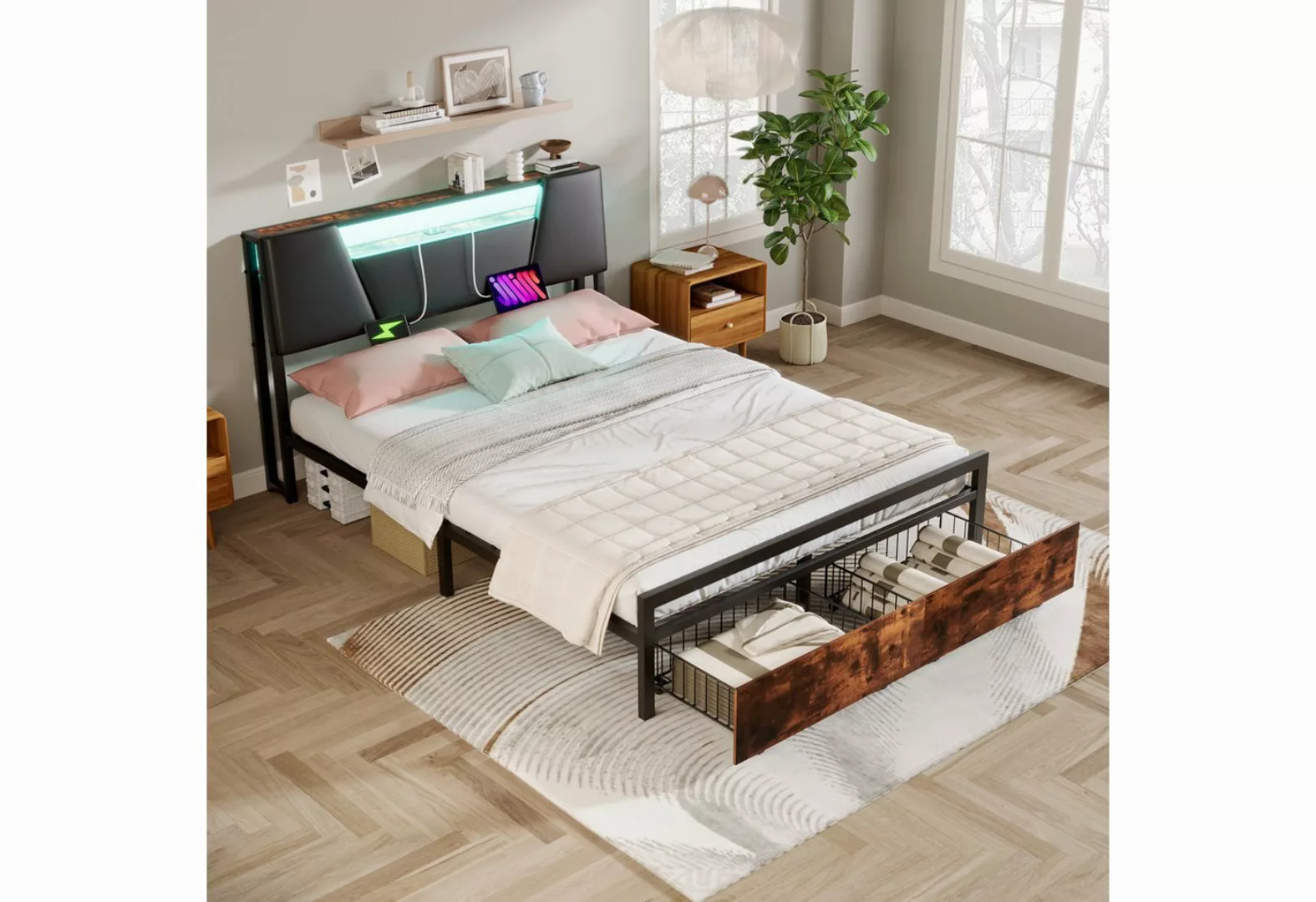 MODFU Stauraumbett Eisenrahmenbett, Bett mit farblich veränderbarem Ambient günstig online kaufen