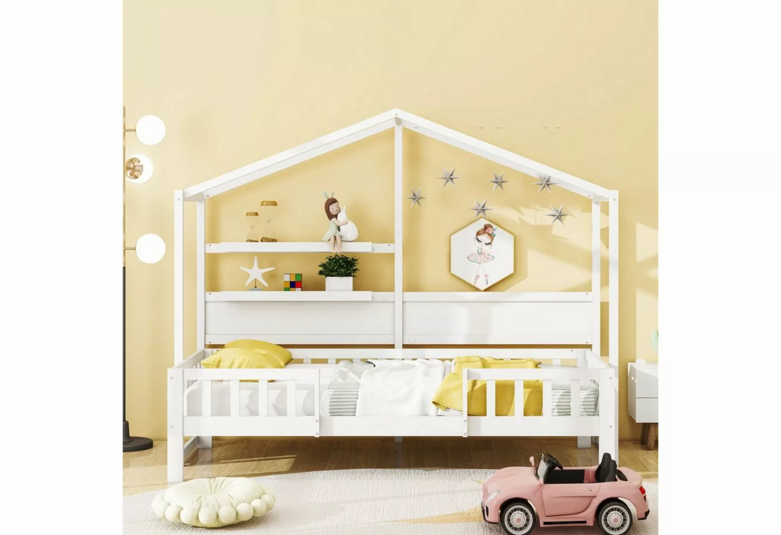 Flieks Kinderbett, Massivholz Hausbett Einzelbett mit Dach und Sicherheitsz günstig online kaufen