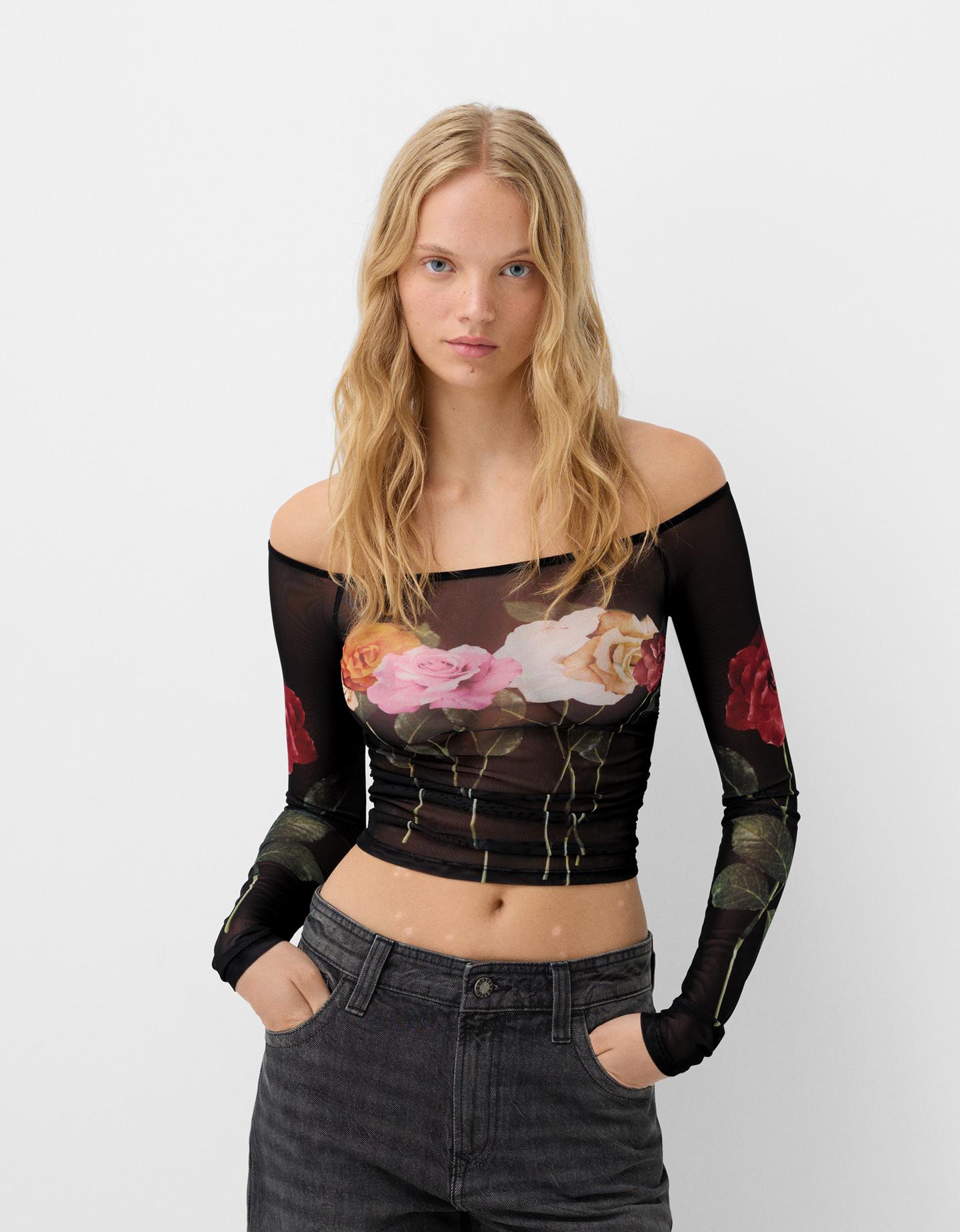 Bershka Langarmshirt Aus Tüll Mit Print Damen L Schwarz günstig online kaufen