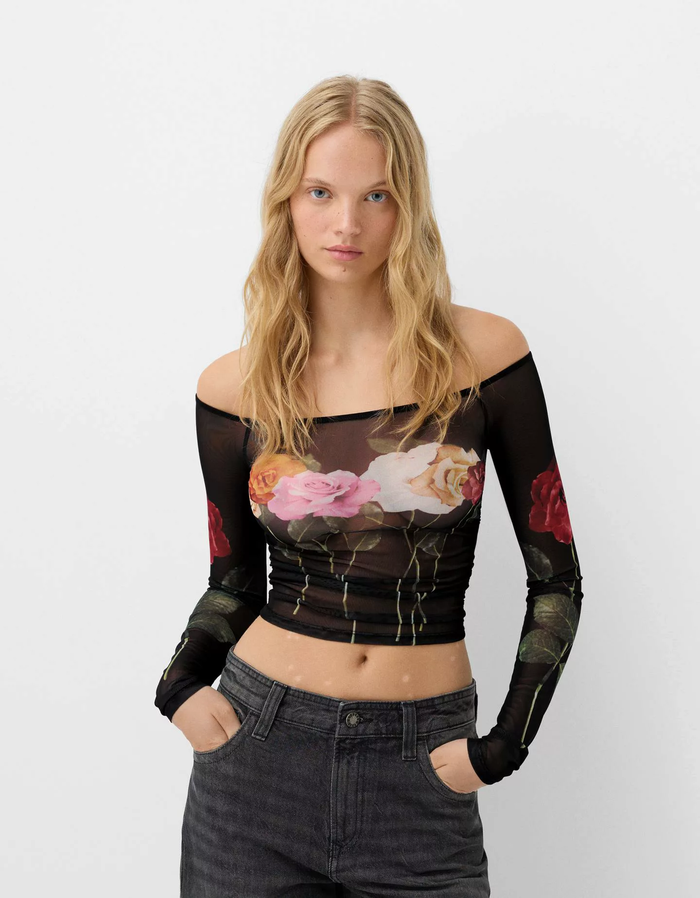 Bershka Langarmshirt Aus Tüll Mit Print Damen S Schwarz günstig online kaufen