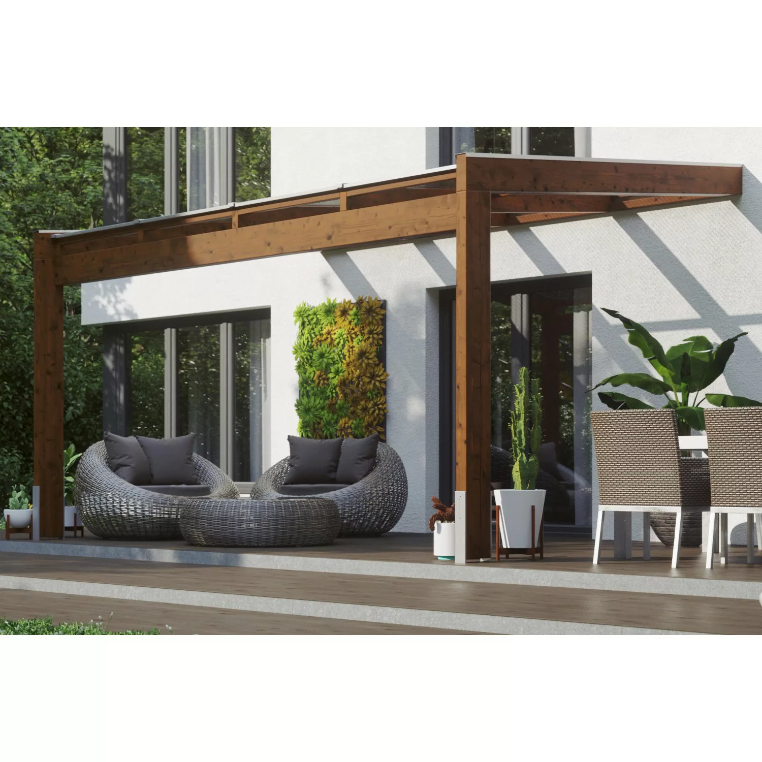 Skan Holz Terrassenüberdachung Novara 450 cm x 359 cm Nussbaum günstig online kaufen