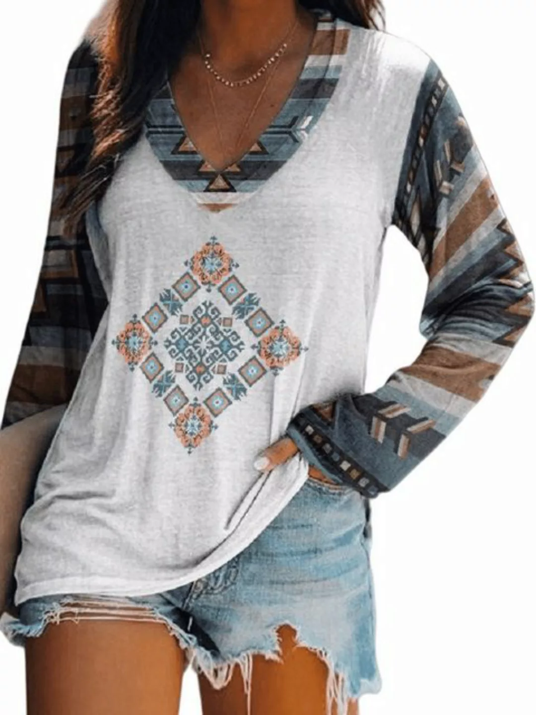 Nebelmeer Langarmshirt Rundhals bedrucktes T-Shirt Bohemian-Style Style Lan günstig online kaufen