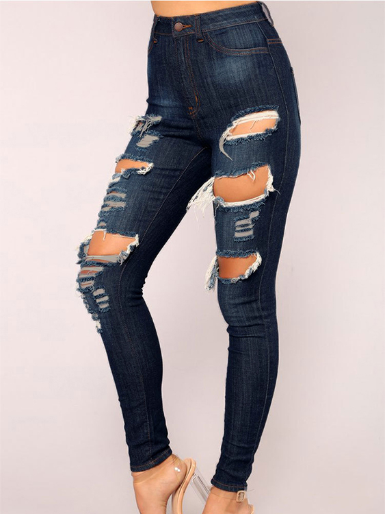Blaue Jeans mit Random Ripped Details günstig online kaufen