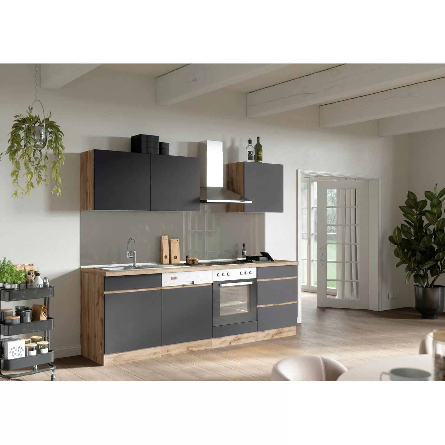 Held Möbel Küchenzeile Turin 240 cm Graphit-Wotaneiche mit E-Geräten günstig online kaufen
