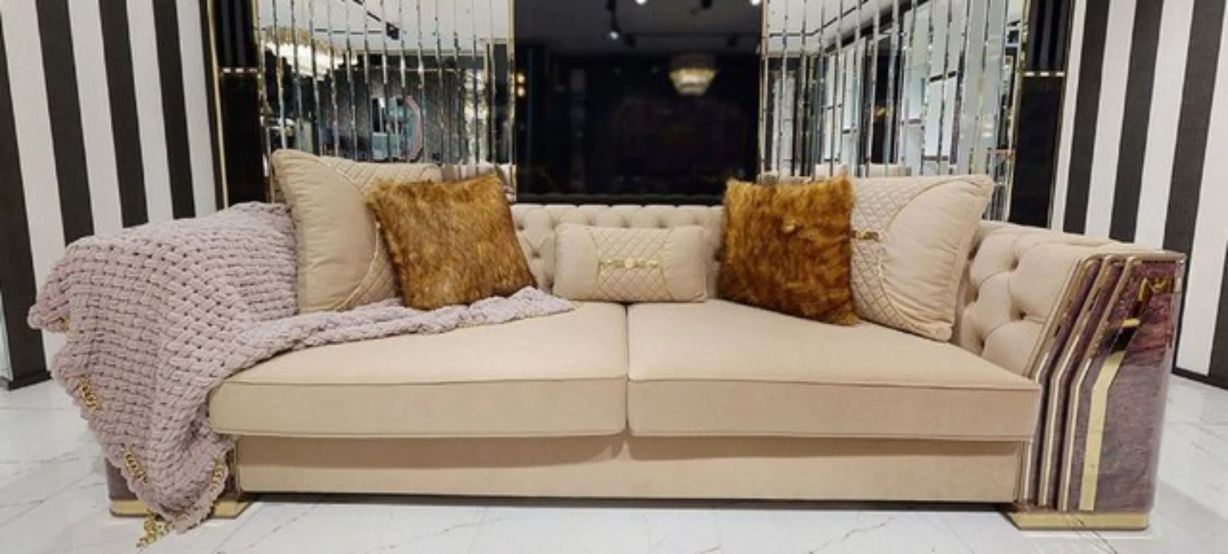 Casa Padrino Chesterfield-Sofa Luxus Art Deco Chesterfield Sofa Beige / Lil günstig online kaufen