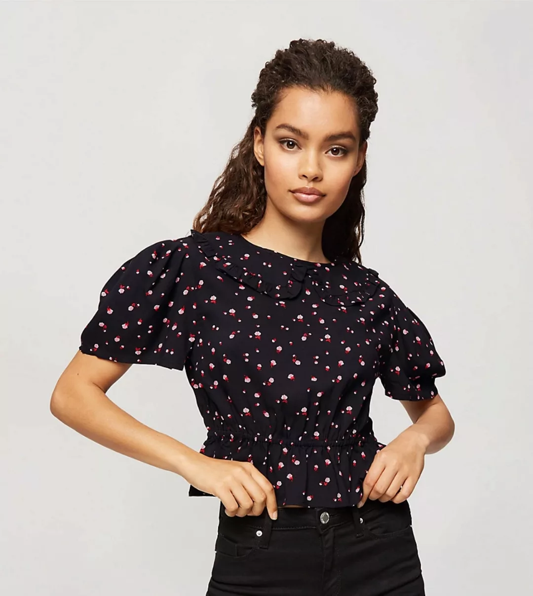 Miss Selfridge Petite – Bluse in Schwarz mit Kragen aus Webstoff günstig online kaufen