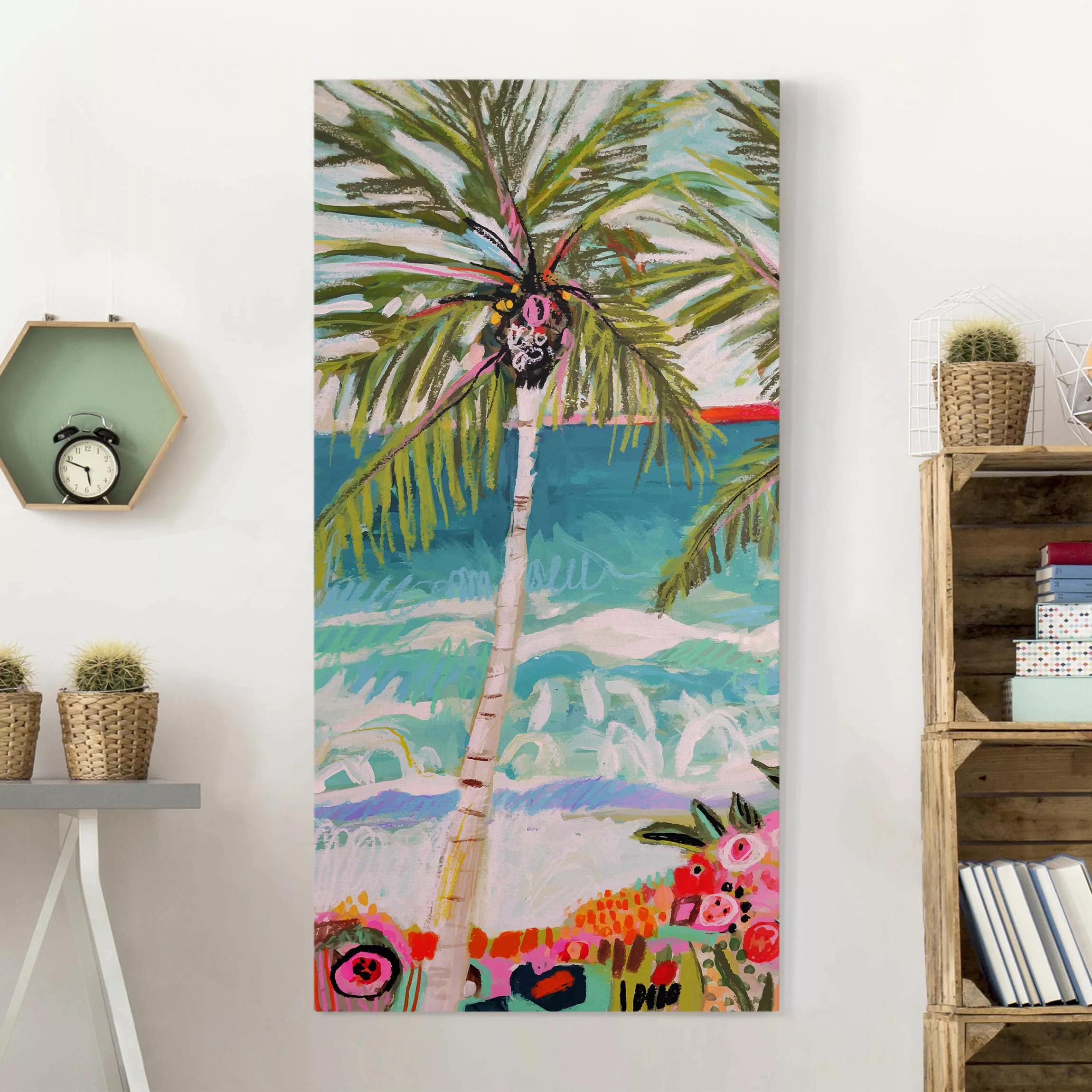 Leinwandbild Botanik - Hochformat Palme mit pinken Blumen I günstig online kaufen