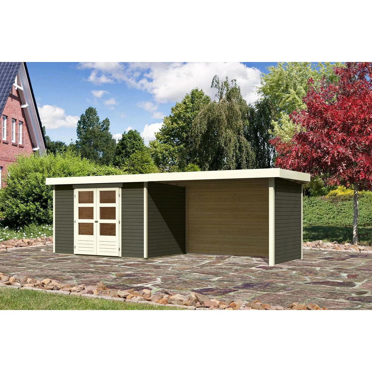 Karibu Holz-Gartenhaus Boras Terragrau Flachdach Lackiert 298 cm x 213 cm günstig online kaufen